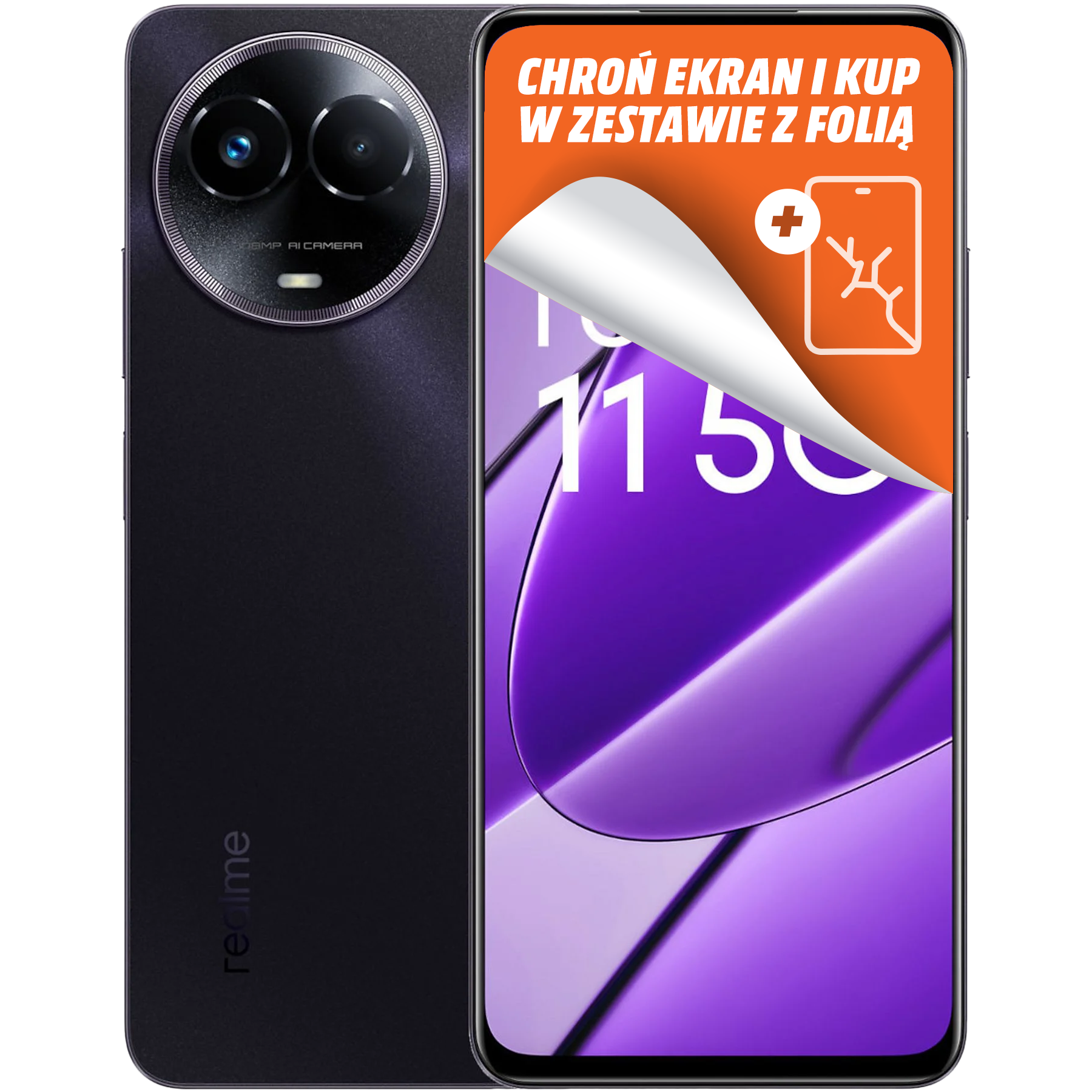 Czarny smartfon z częściowo odklejoną folią ochronną. Ekran wyświetla cyfry i pomarańczowy tekst.