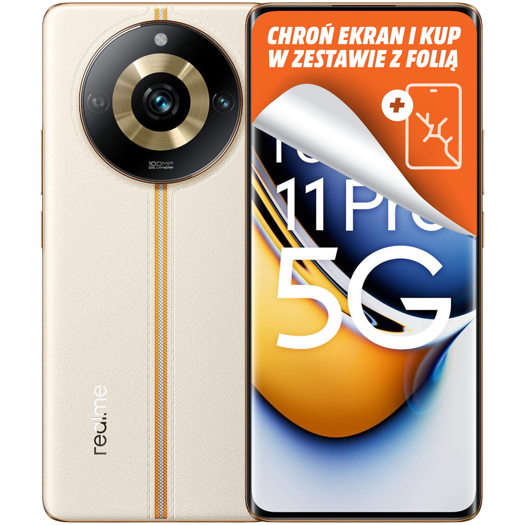 Kremowy smartfon z dużym modułem aparatu, folią ochronną i tekstem w języku polskim.