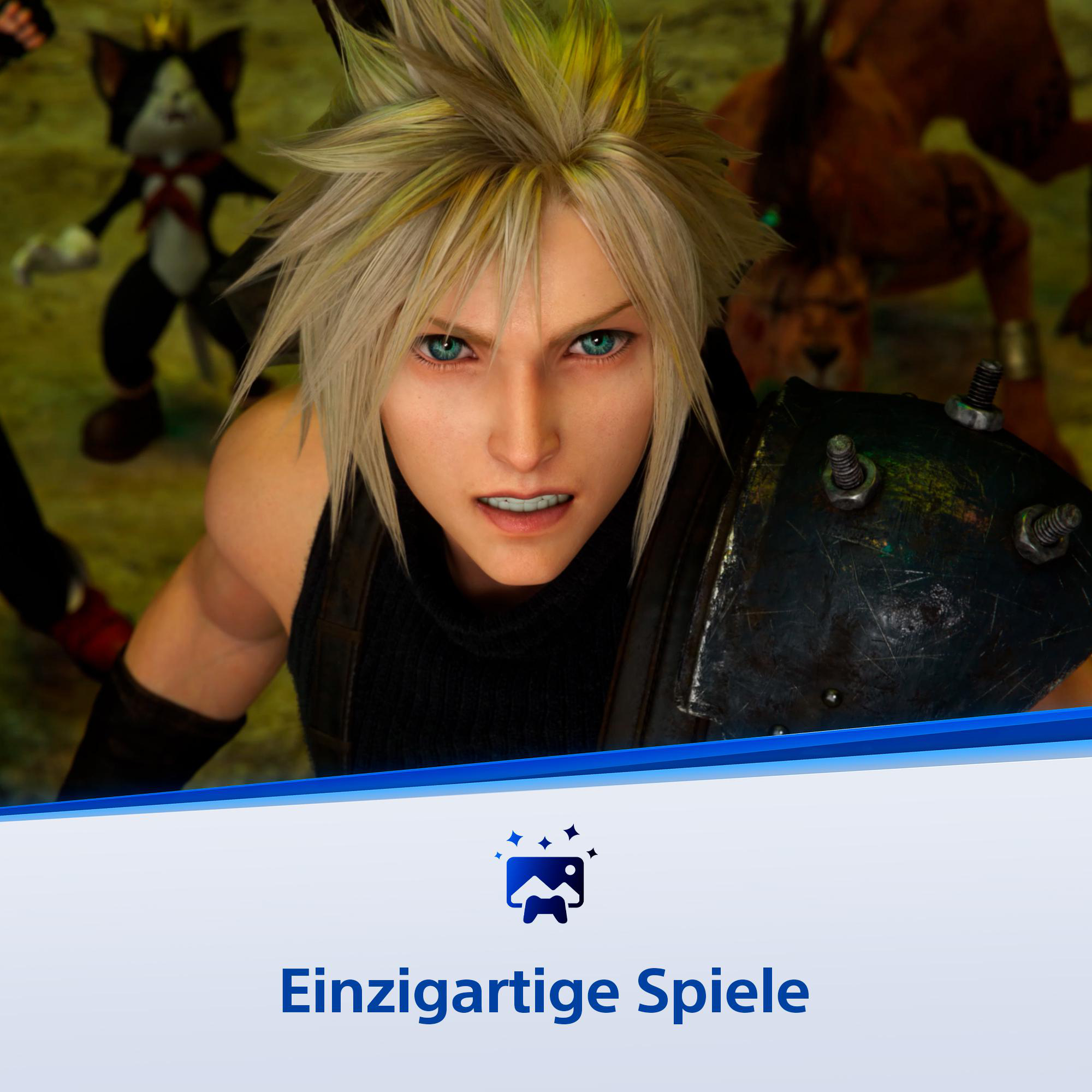 Nahaufnahme eines Mannes mit stacheligem blondem Haar und blauen Augen, der intensiv blickt. Andere Figuren im verschwommenen Hintergrund.