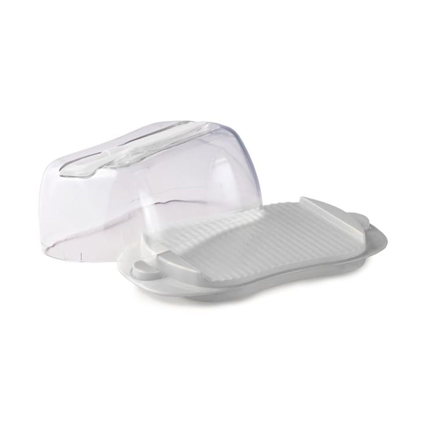 Una burriera di plastica trasparente, senza coperchio. La base è bianca con scanalature. Il coperchio è trasparente con una maniglia.