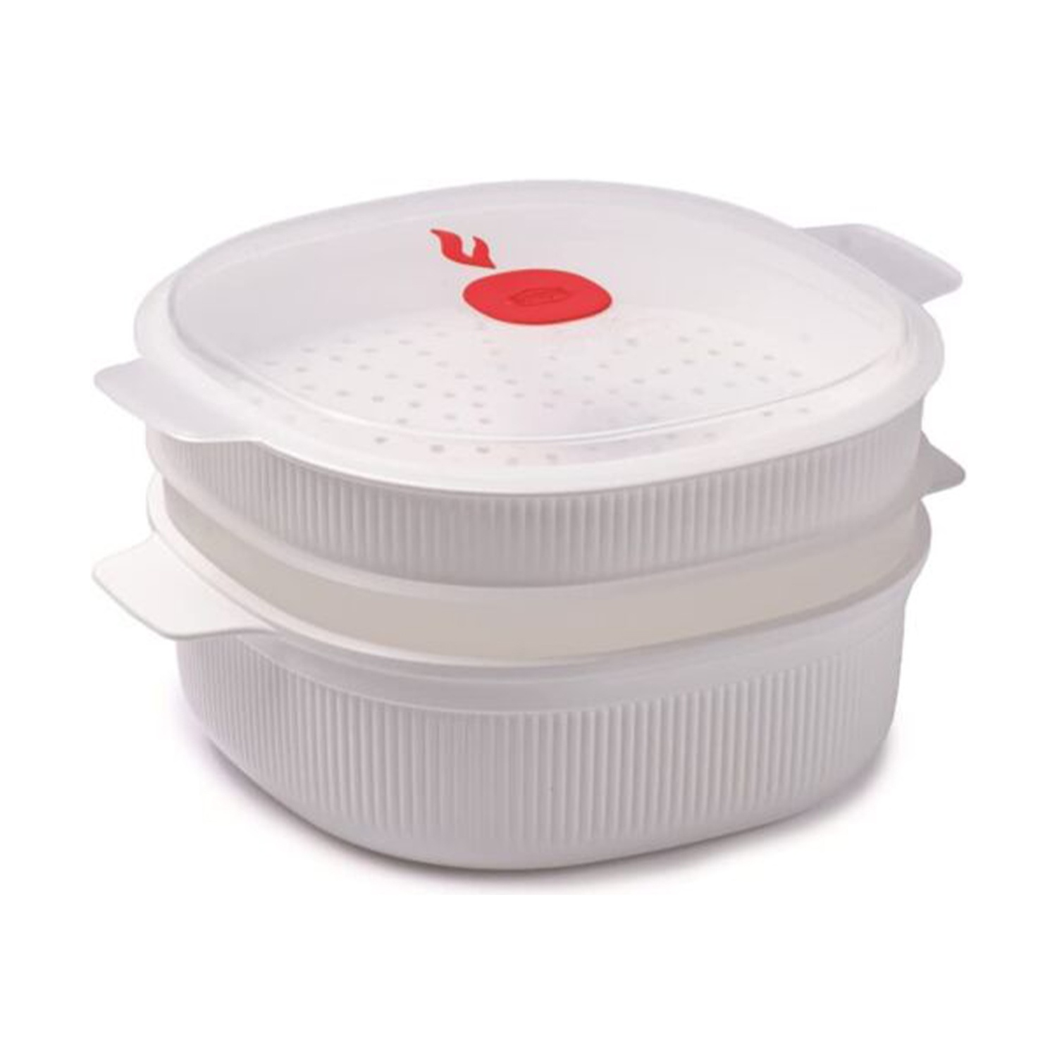 Una vaporiera bianca a più livelli con coperchio trasparente. Logo rosso sul coperchio. La vaporiera ha forma rotonda e manici.