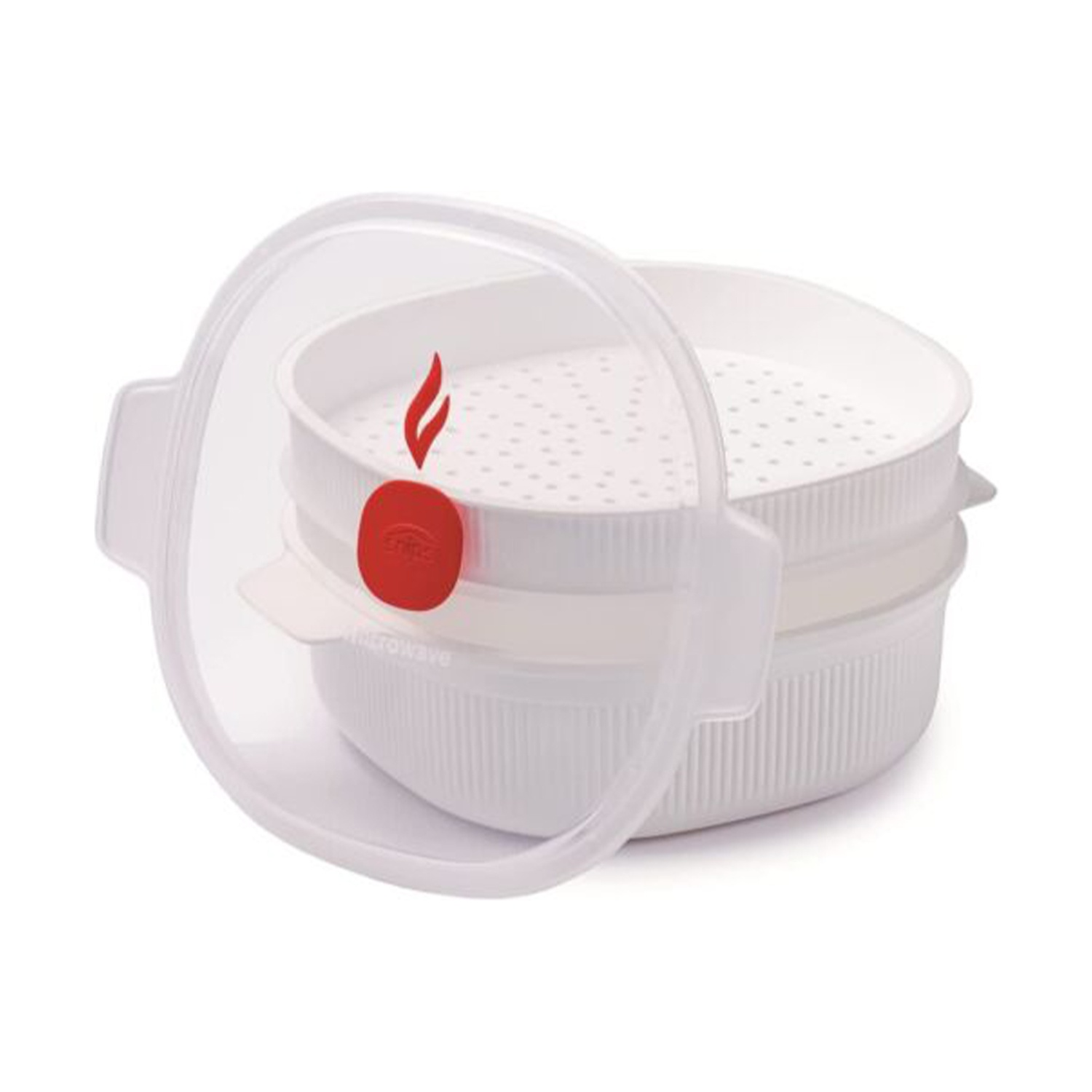 Un vaporizzatore per microonde bianco con coperchio trasparente. Il vaporizzatore ha un logo rosso sul davanti. Su sfondo bianco.