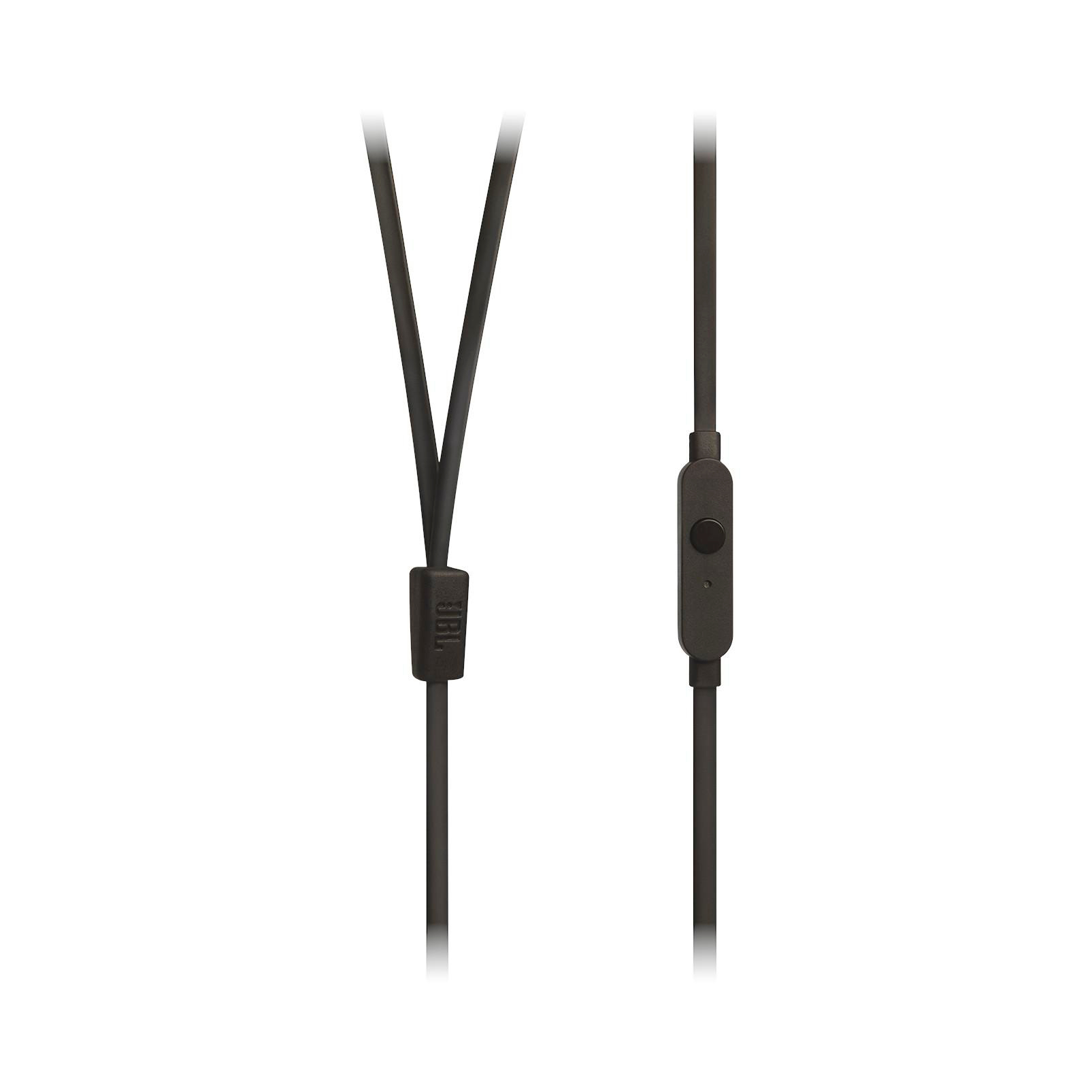 Schwarze JBL-Ohrhörer mit Mikrofon und Steuertaste. Die Kabel sind schwarz auf weißem Hintergrund.