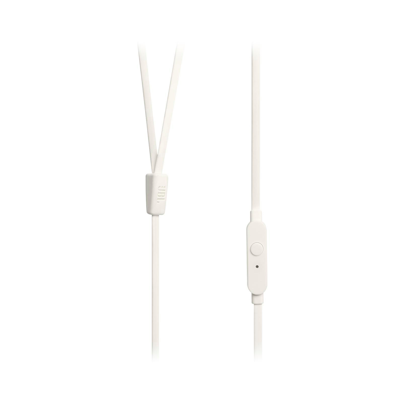 Weiße JBL-Kopfhörer mit Kabel, Inline-Fernbedienung und Mikrofon. Das Design ist sauber und minimalistisch auf weißem Hintergrund.