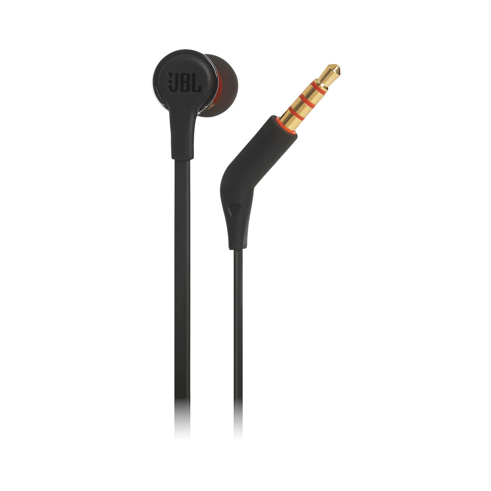 Schwarze JBL-Ohrhörer mit goldfarbenem Klinkenstecker. Die Ohrhörer und der Stecker sind mit schwarzem Draht verbunden.