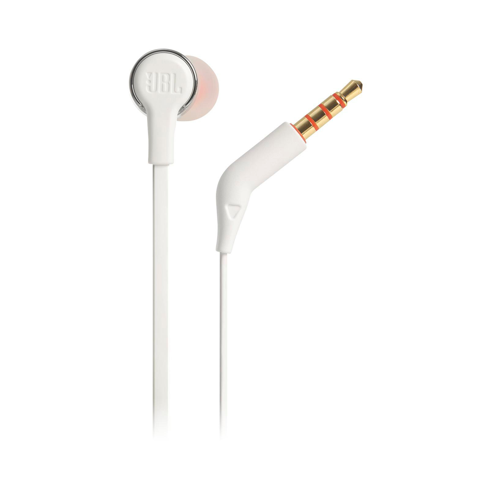 Weiße JBL-Ohrhörer mit weißem Kabel und goldfarbenem Audioanschluss. Ohrhörer hat JBL-Logo. Weißer Hintergrund.