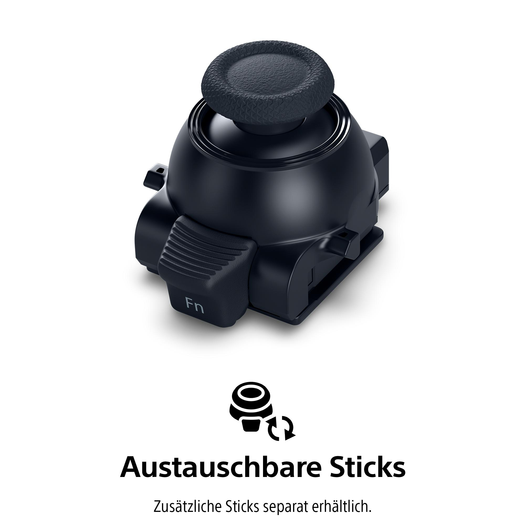 Ein schwarzer Controller-Joystick mit strukturierter Oberseite. Darunter steht "Austauschbare Sticks".
