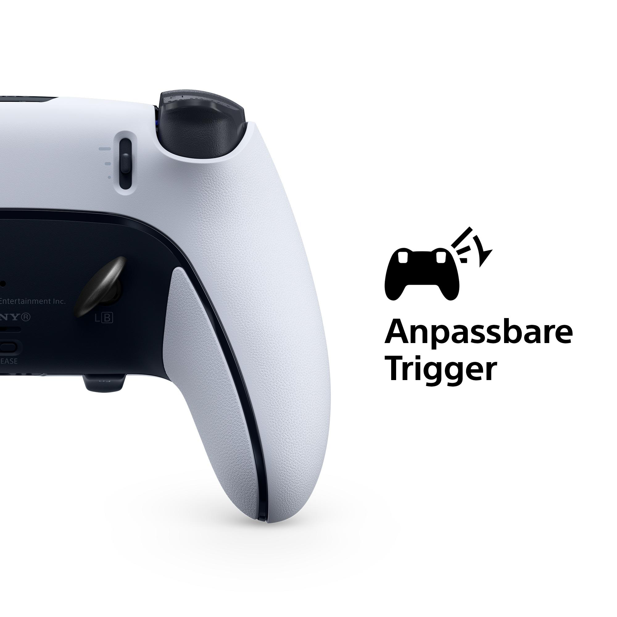 Ein weiß-schwarzer Game-Controller mit dem Text 'Anpassbare Trigger' und einem Controller-Symbol.