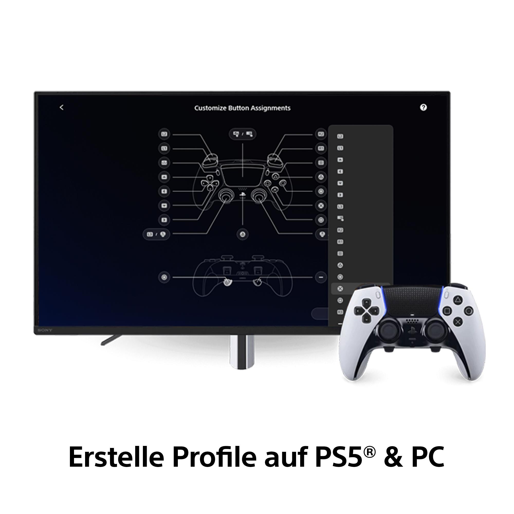 Das Bild zeigt einen Bildschirm mit Controller-Tastenbelegungen und einen weißen PS5-Controller. Der Text unten lautet: Erstelle Profile auf PS5 & PC.