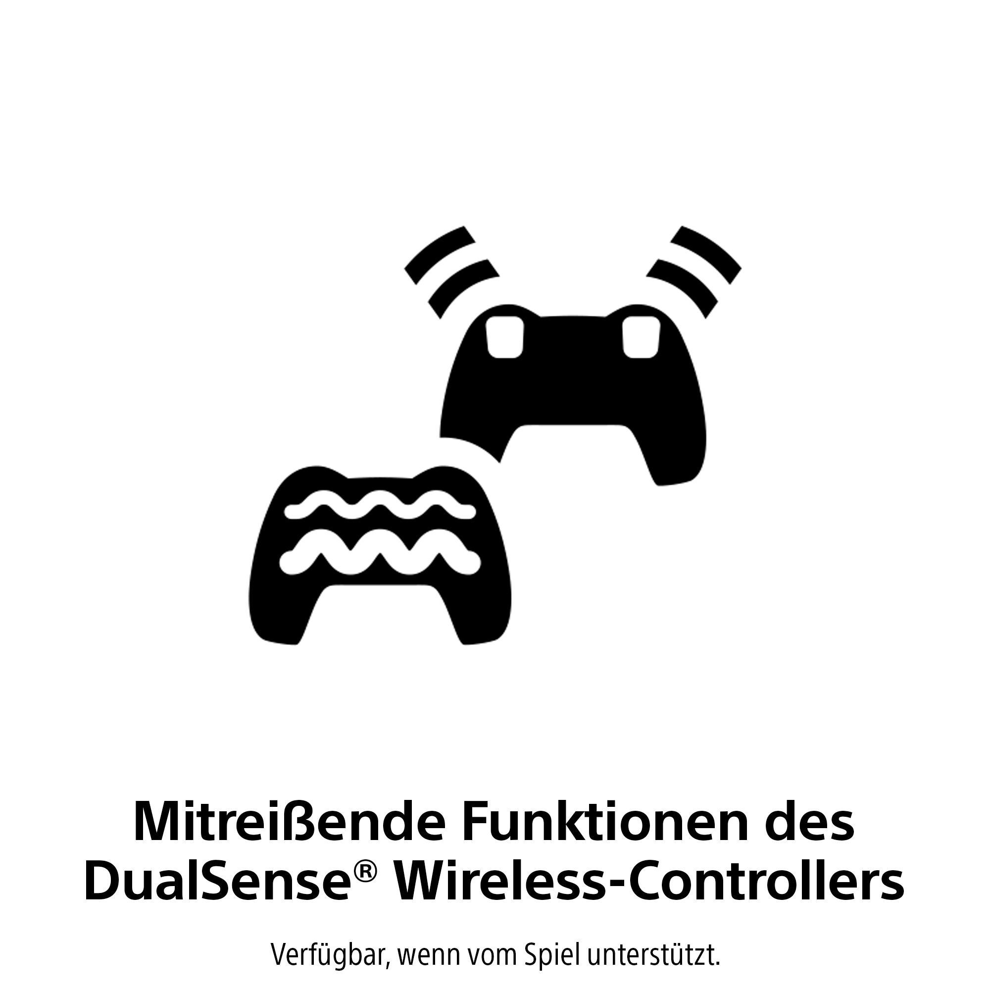 Schwarze Wireless-Controller mit Signal-Symbolen. Text: DualSense Wireless-Controller. Text unten: wenn das Spiel es unterstützt.