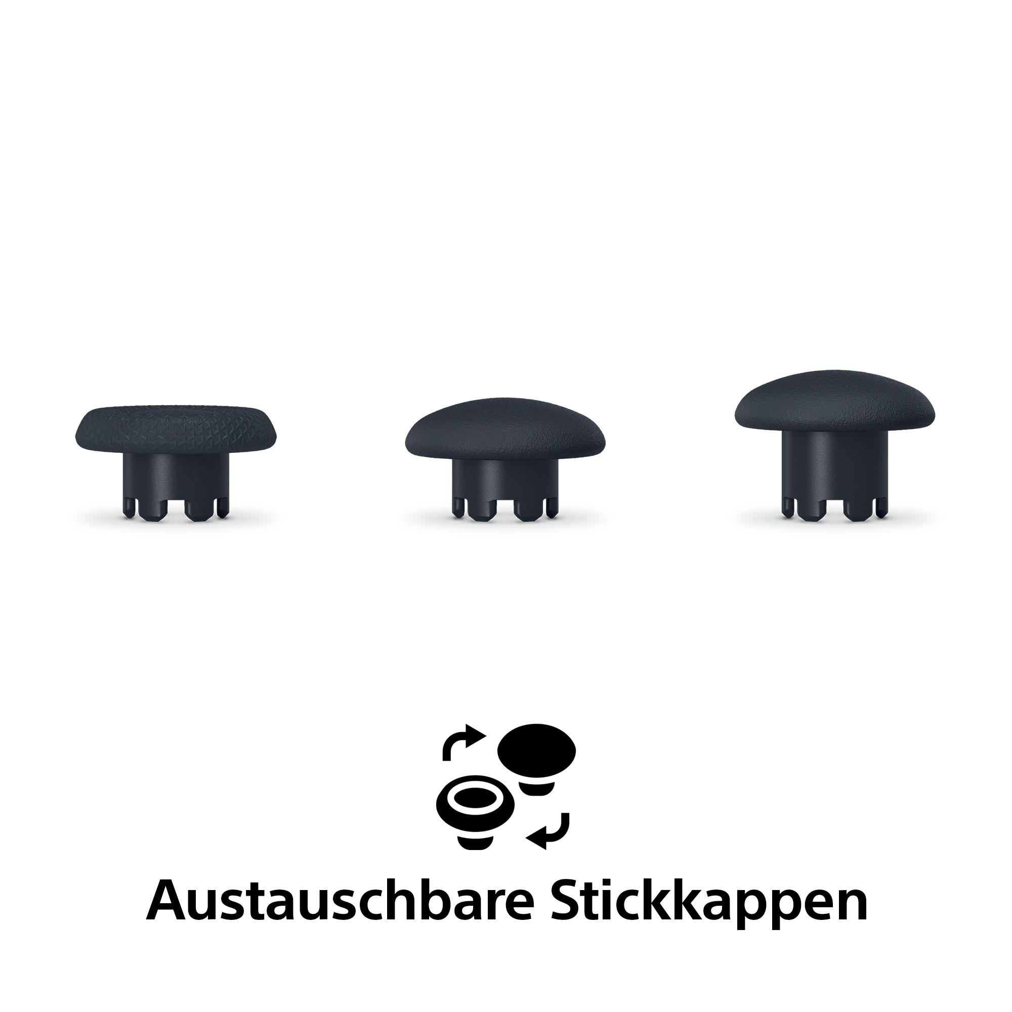 Drei schwarze Joystick-Kappen, ein Symbol und der Text 'Austauschbare Stickkappen' auf weißem Grund.