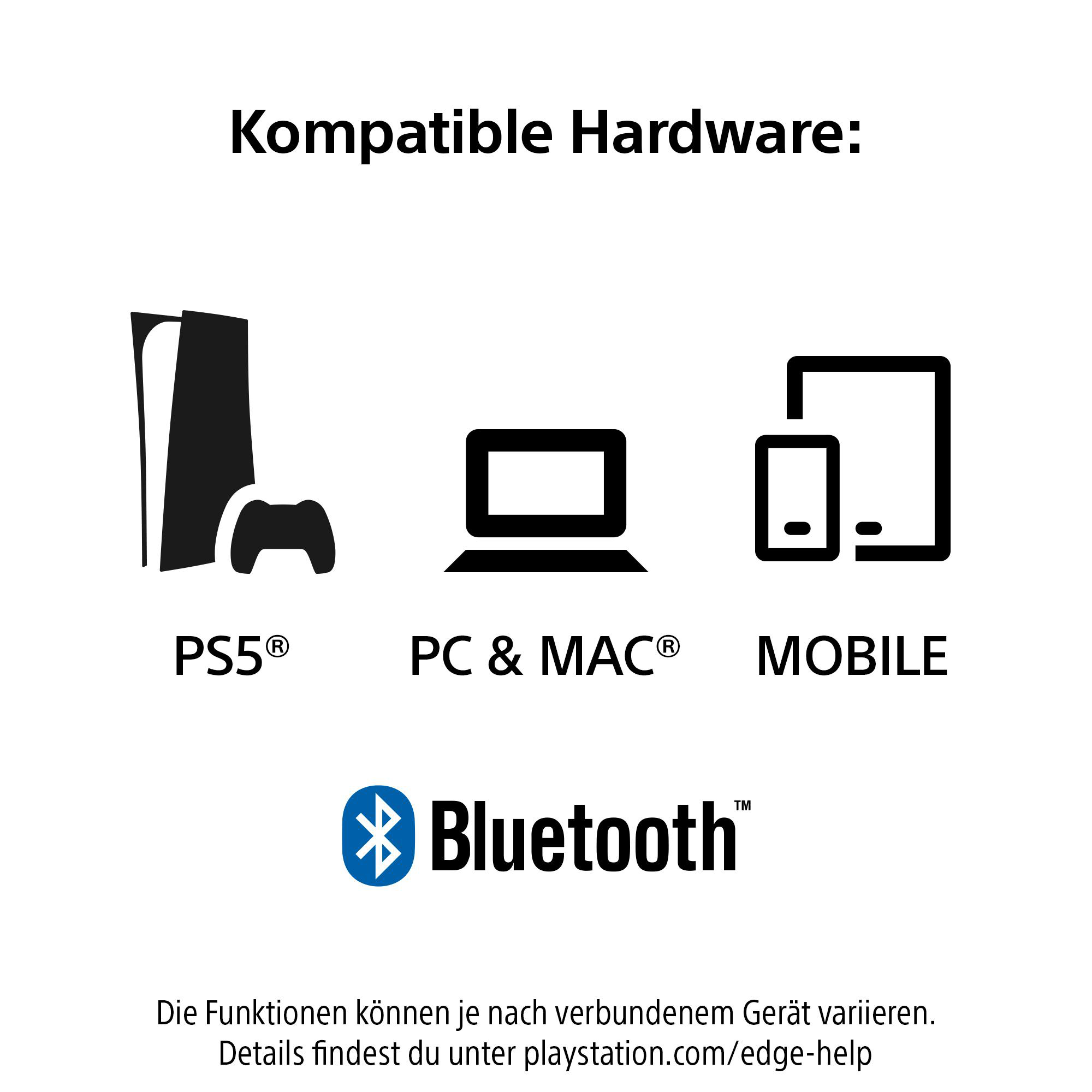 Das Bild zeigt kompatible Hardware: PS5, PC & Mac und Mobilgeräte mit Bluetooth-Logo.