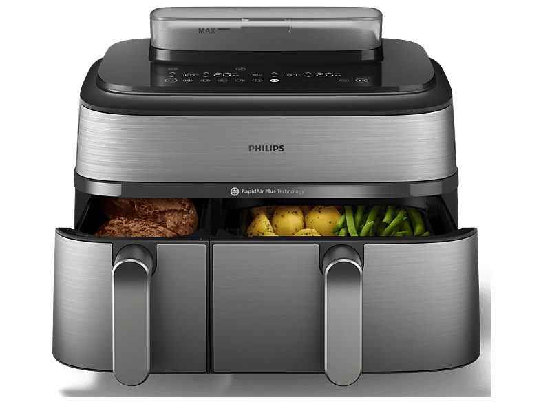 Philips NA555/00 Steam Airfryer 5000 Series Dual Basket 9L Kapazität (3L+6L) Dampfgarer & Heißluftfritteuse, 2750 Watt, Silber