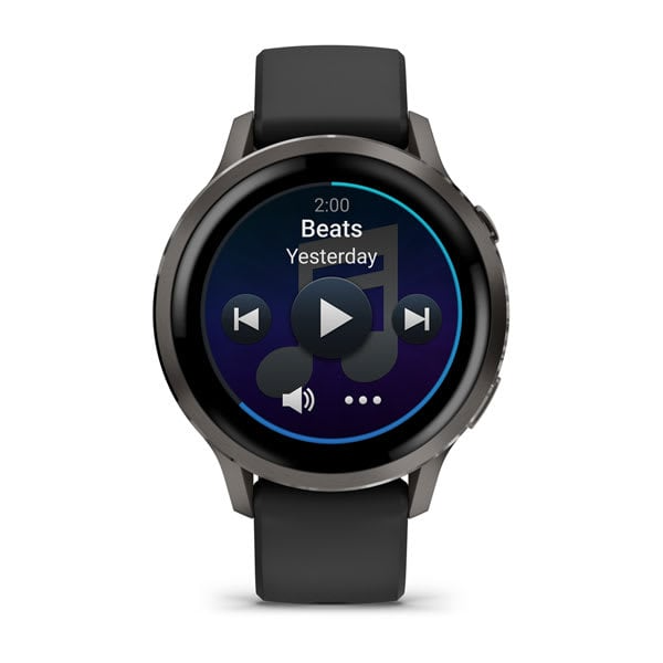Egy fekete okosóra zenei felületet jelenít meg. A 'Beats' 'Yesterday'-t játssza. Lejátszás, átugrás és hangerőszabályzók vannak jelen.