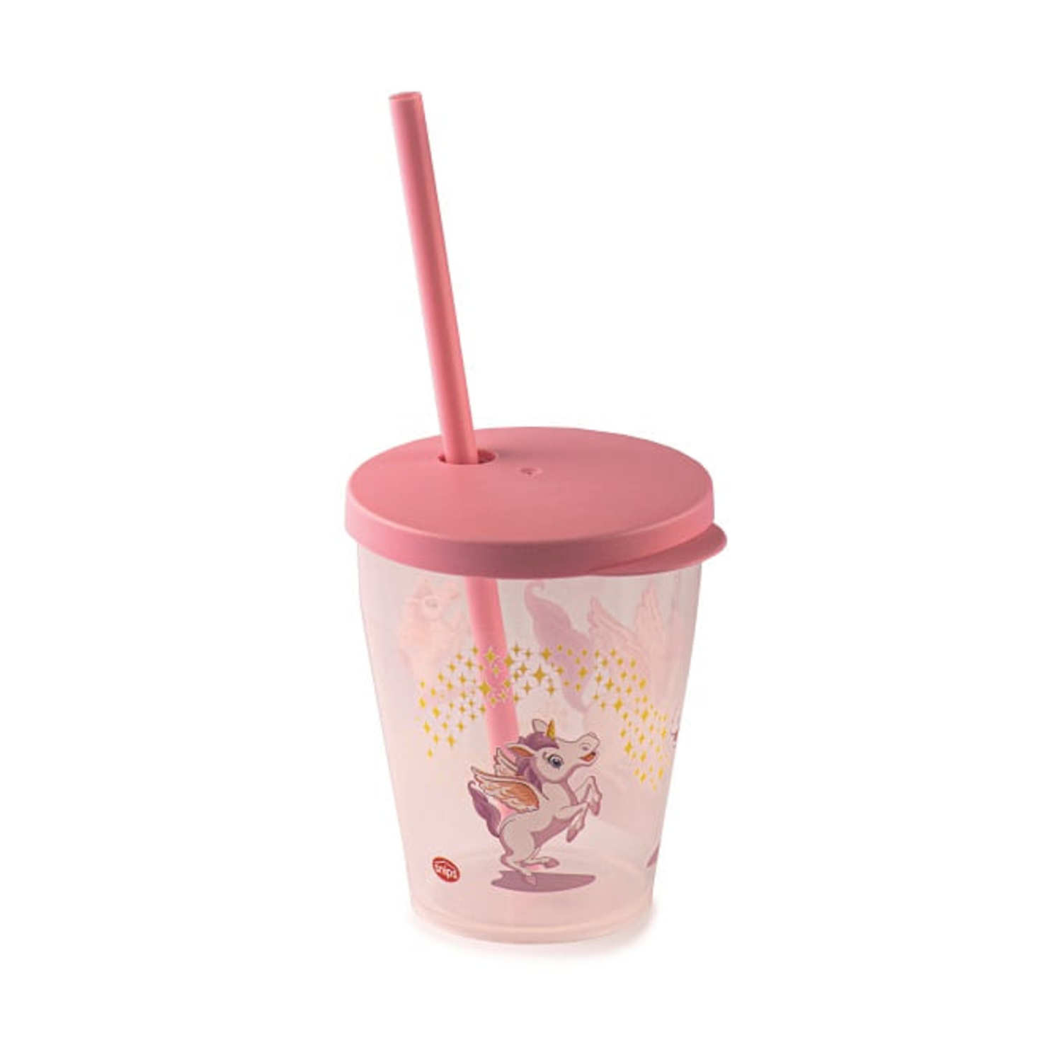 Una tazza rosa con coperchio e cannuccia. La tazza ha un design a unicorno. Lo sfondo è bianco.