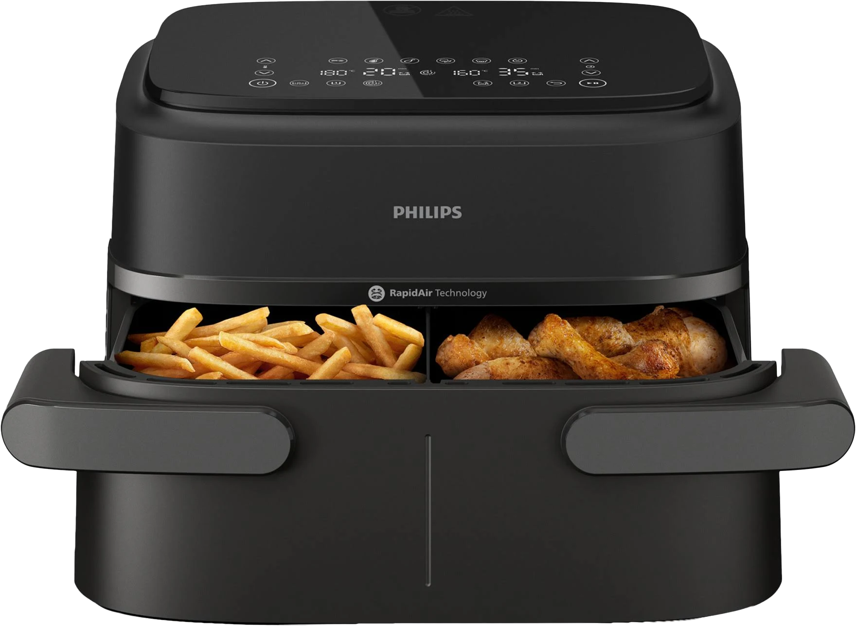 Schwarze Philips Heißluftfritteuse mit Pommes und Hähnchen. Digitalanzeige. Rapid Air Technologie. Vordere Fächer herausgezogen.