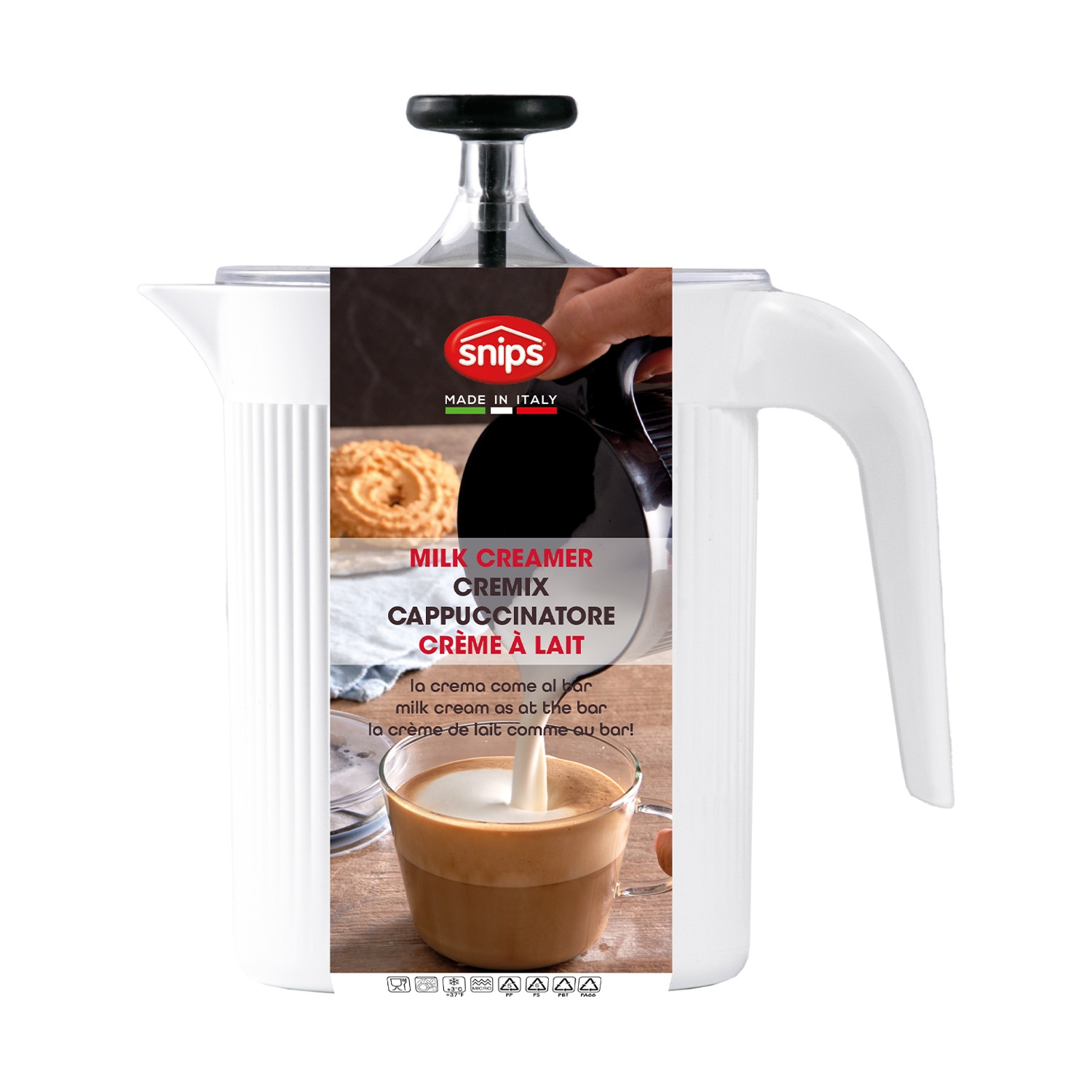 Un montalatte bianco con manico nero, una mano che versa il latte. Il testo include 'MONTALATTE' e 'MADE IN ITALY'.