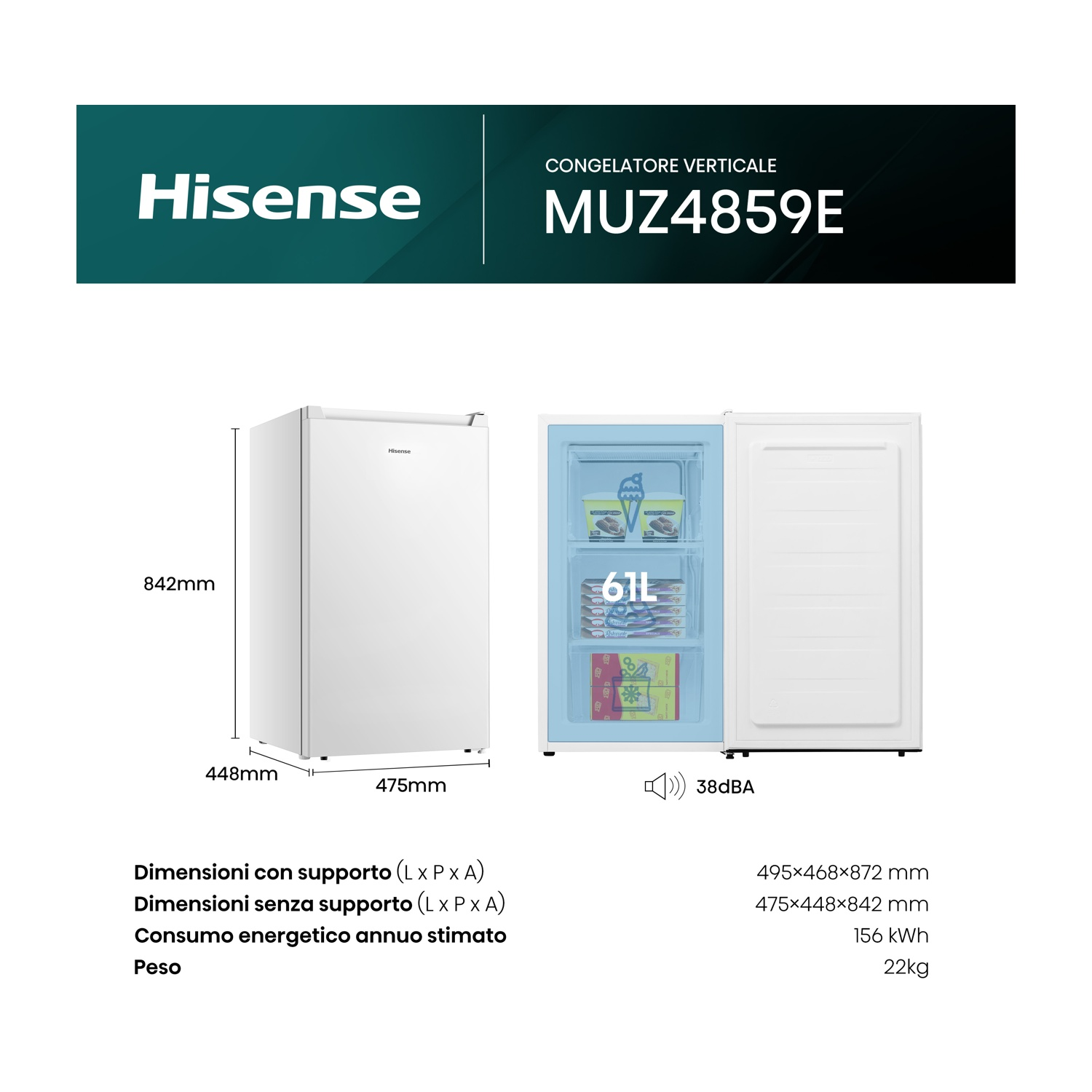 Un congelatore Hisense bianco. Ha dettagli sulle dimensioni e sul consumo energetico. La porta del congelatore è aperta, mostrando cibo surgelato.
