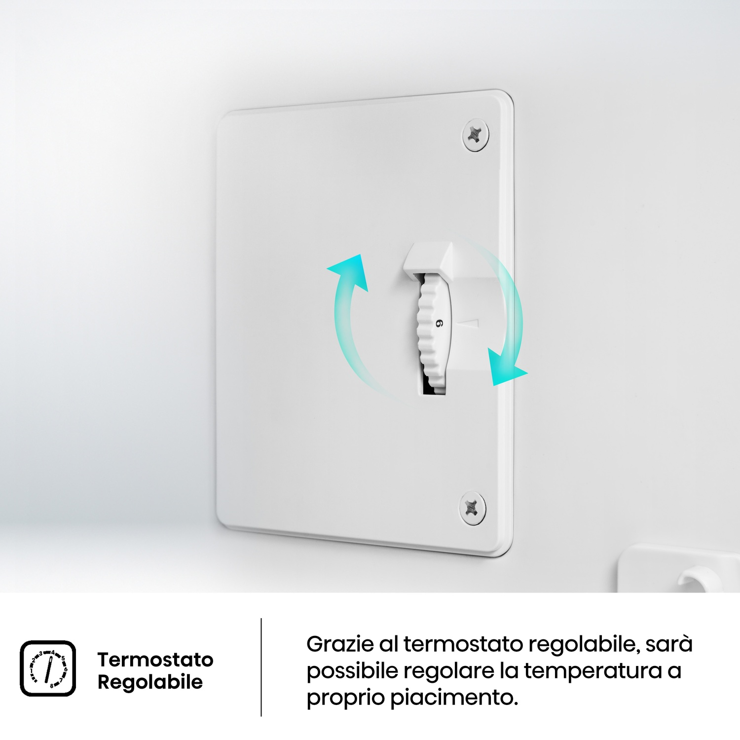 Un termostato bianco con un quadrante, frecce e viti su un muro bianco. Il quadrante indica il numero 6.