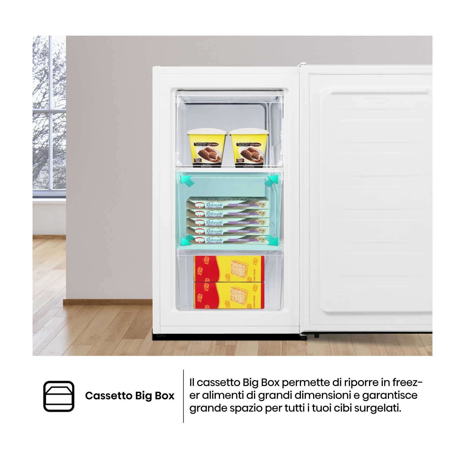Freezer aperto con gelato e pizze surgelate. Cassetto Big Box in basso. Il congelatore è bianco.