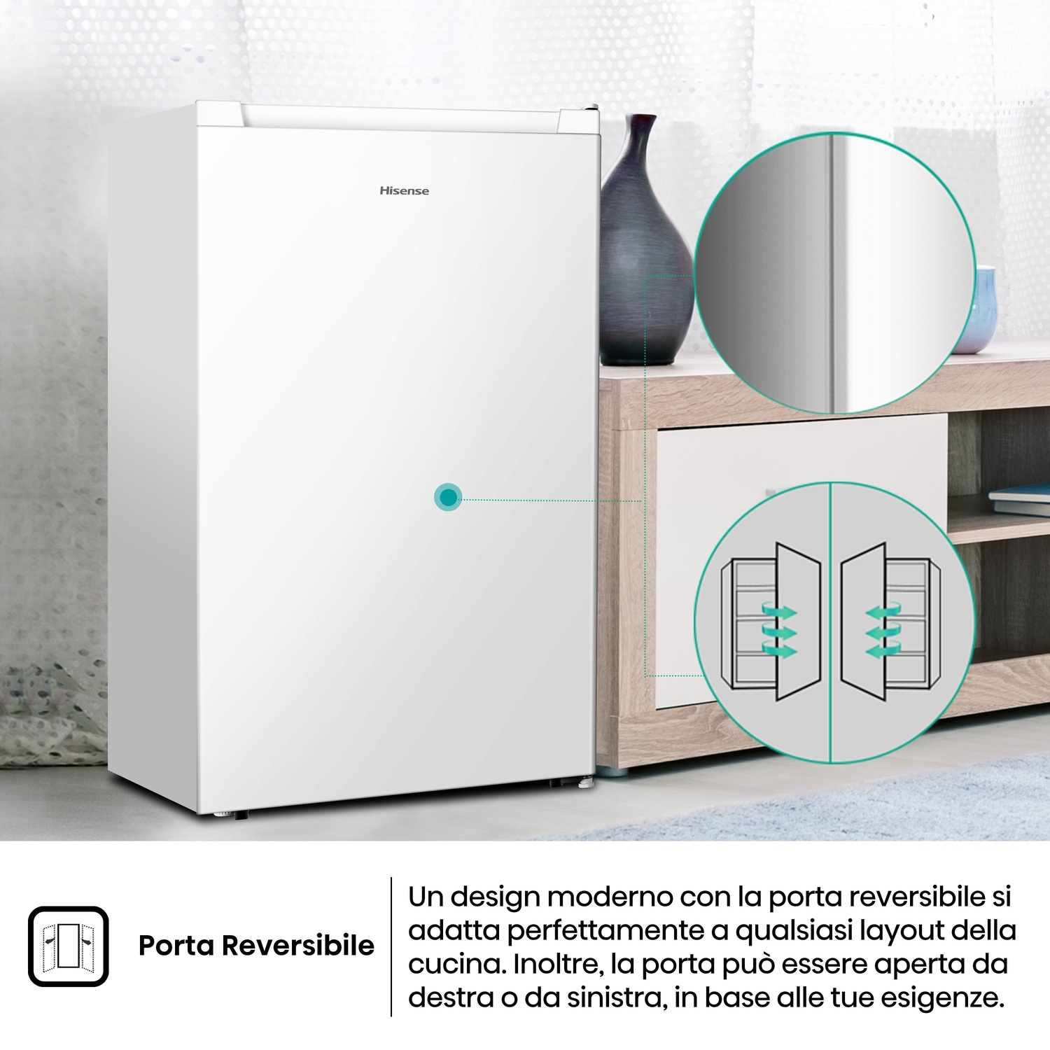 Un frigorifero Hisense bianco. Un diagramma mostra una porta reversibile. Un vaso e un mobile sullo sfondo.