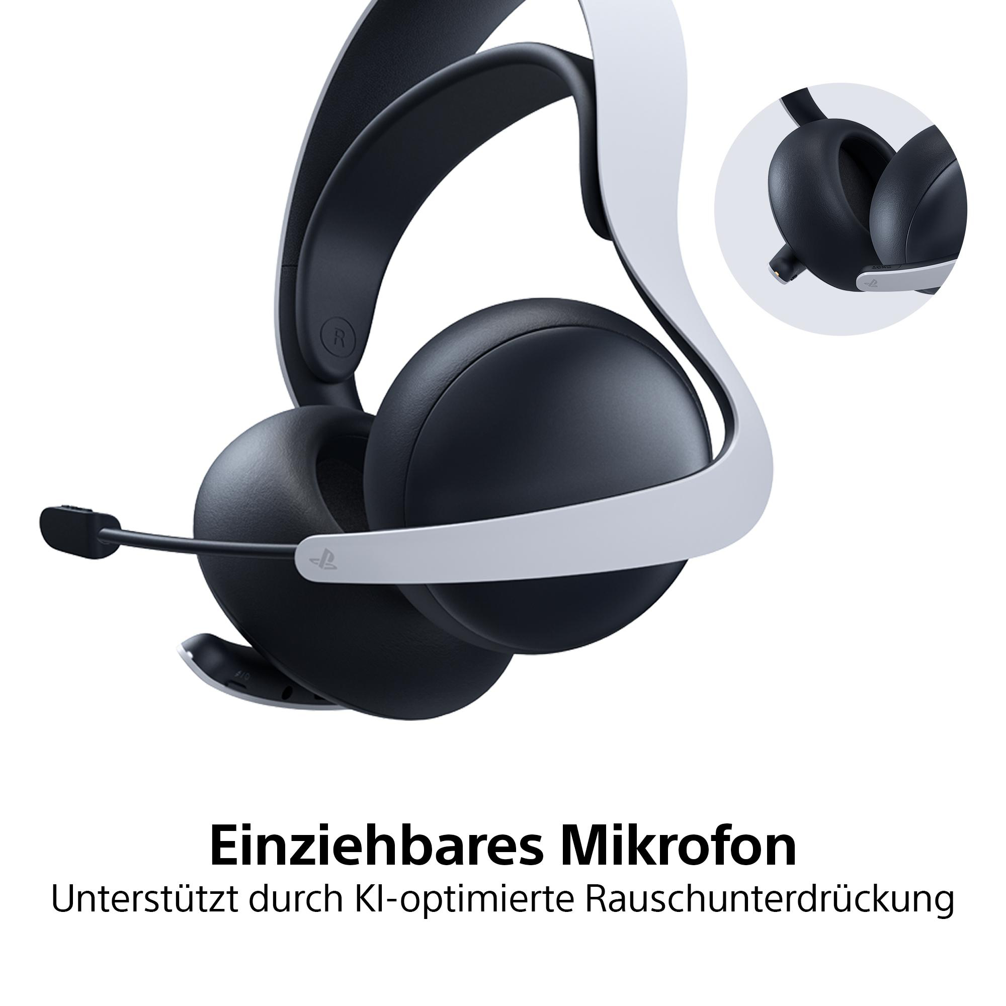 Schwarz-weißes Headset mit Mikrofon. Das Headset befindet sich auf weißem Hintergrund. Kleiner Ausschnitt des Headsets.