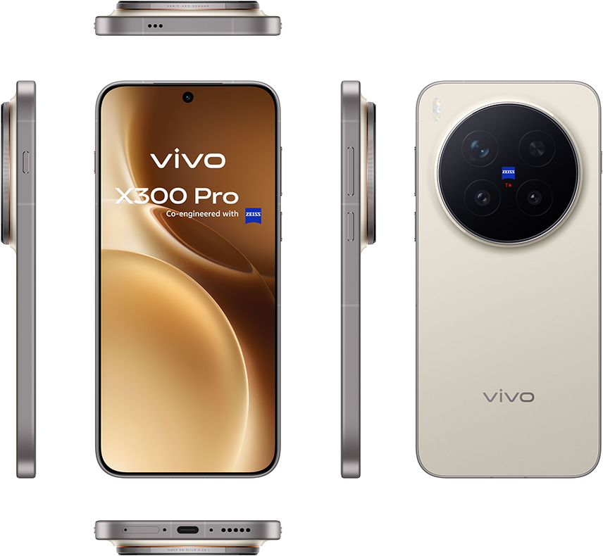 Das Vivo X300 Pro-Handy zeigt seine Vorder-, Seiten- und Rückseite. Es hat ein großes Kameramodul auf der Rückseite und einen gebogenen Bildschirm.
