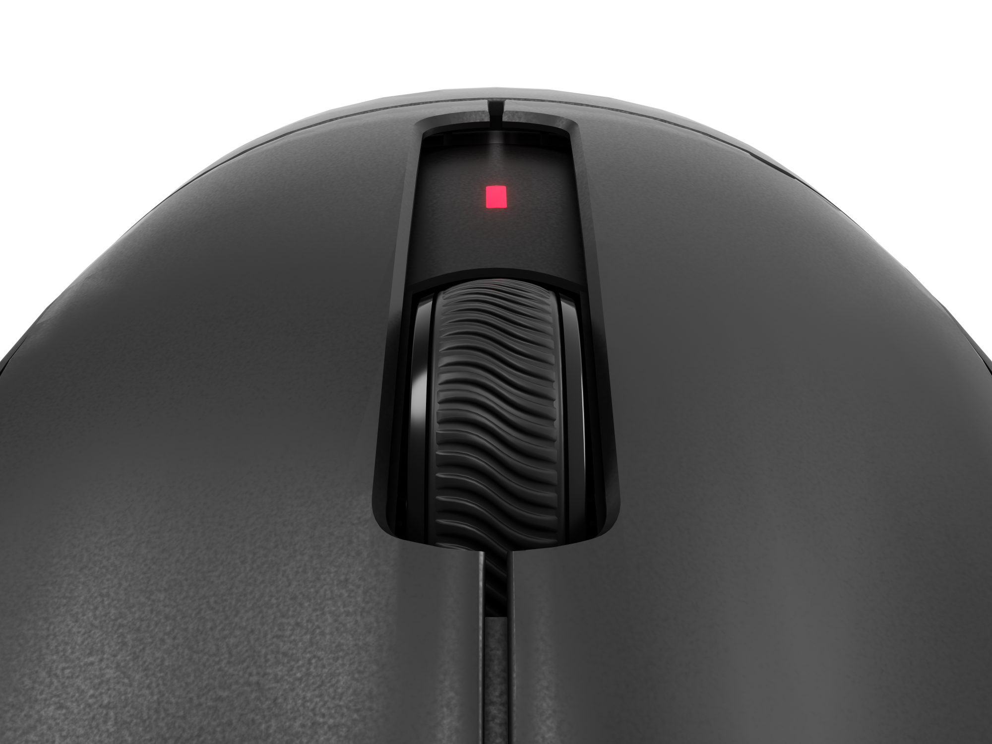 Zbliżenie czarnej myszy komputerowej. Widoczne jest kółko przewijania i czerwone światło na czarnym tle.