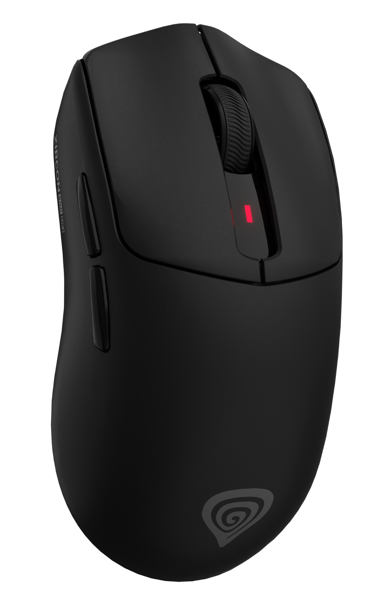 Czarna mysz komputerowa z kółkiem przewijania i bocznymi przyciskami, czerwonym światłem i logo. Ma gładkie wykończenie.