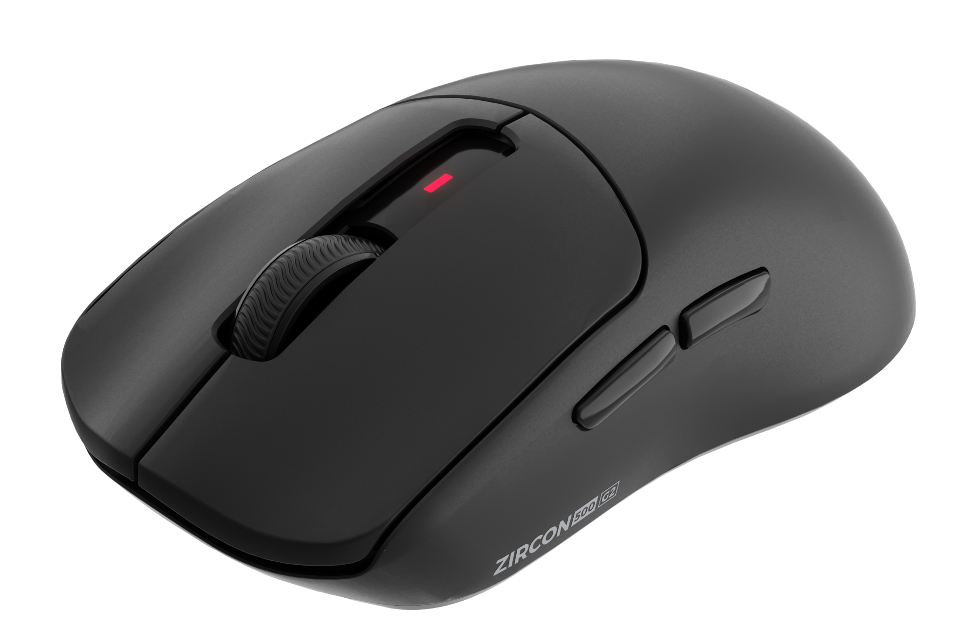 Czarna mysz komputerowa z kółkiem przewijania, dwoma bocznymi przyciskami i czerwonym światłem. Mysz jest na czarnym tle.
