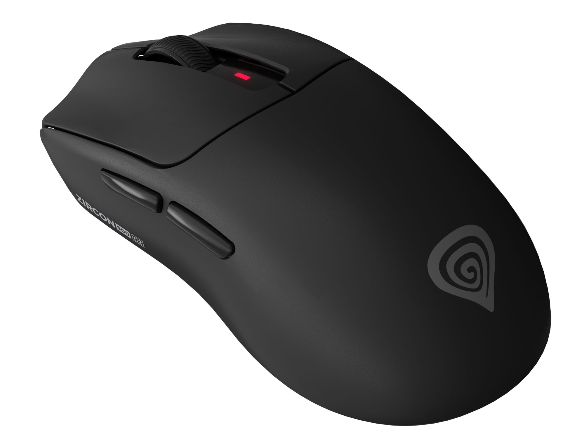 Czarna mysz komputerowa z kółkiem przewijania, bocznymi przyciskami i logo. Czerwone światło wskazuje zasilanie. Mysz jest na czarnym tle.
