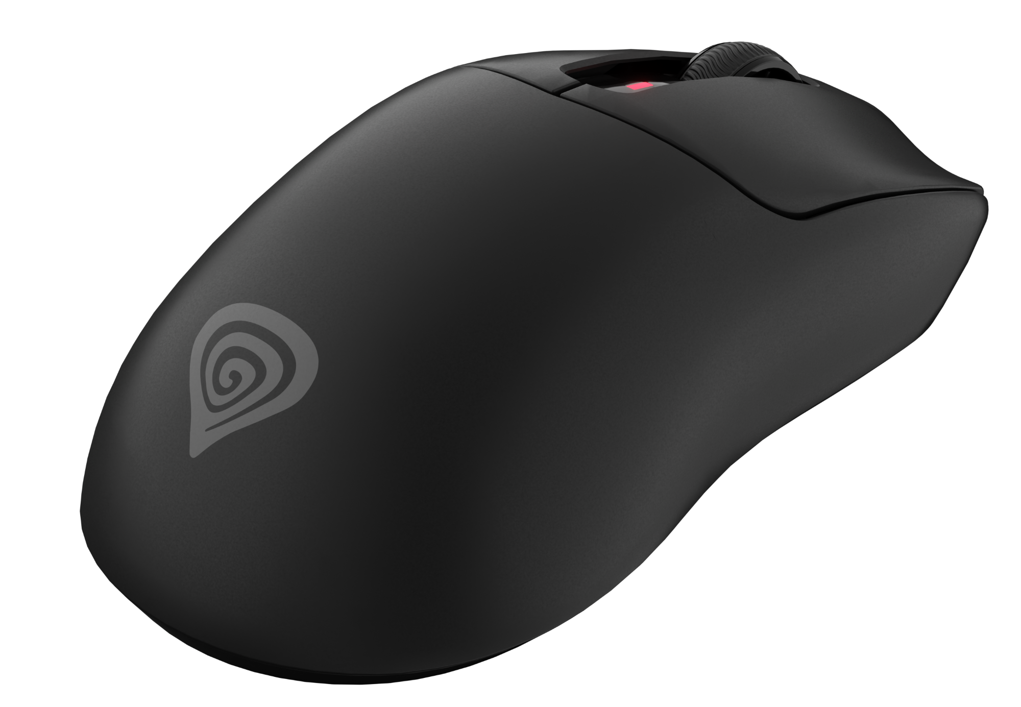 Czarna mysz gamingowa z logo. Posiada kółko przewijania i czerwone światło. Tło jest czarne.