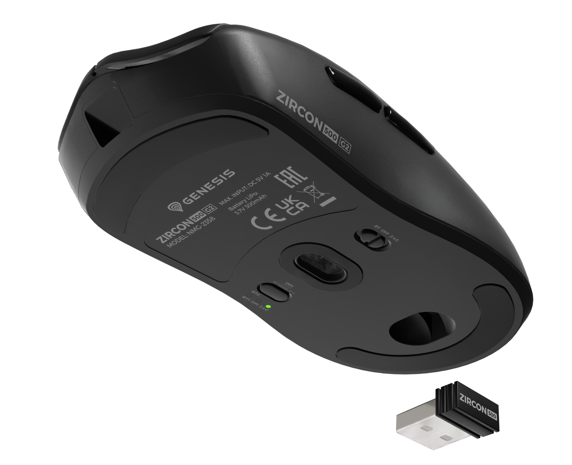 Czarna mysz Zircon 500 G2 od spodu. Zawiera odbiornik USB. Posiada etykiety i przełącznik zasilania.