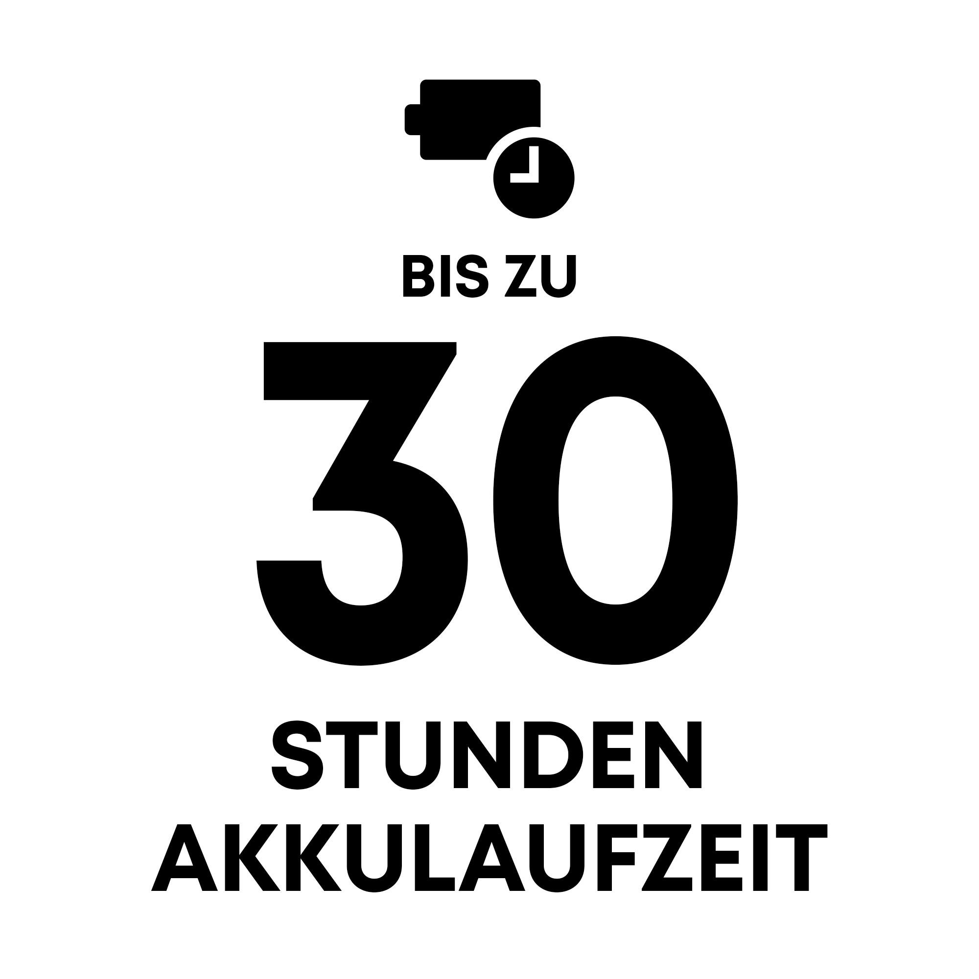 Schwarzes Symbol mit Akku und Uhr, Text: Bis zu 30 Stunden Akkulaufzeit auf weißem Hintergrund.