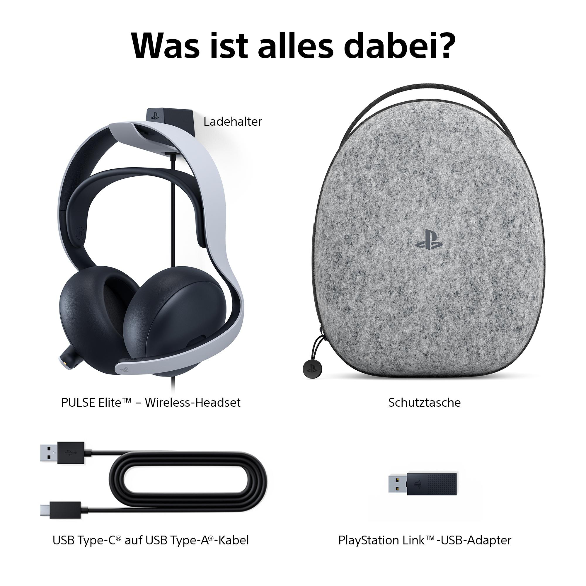 Das Bild zeigt ein Headset, eine Hülle, Kabel und einen Adapter. Der Text lautet 'Was ist alles dabei?' und Produktnamen.