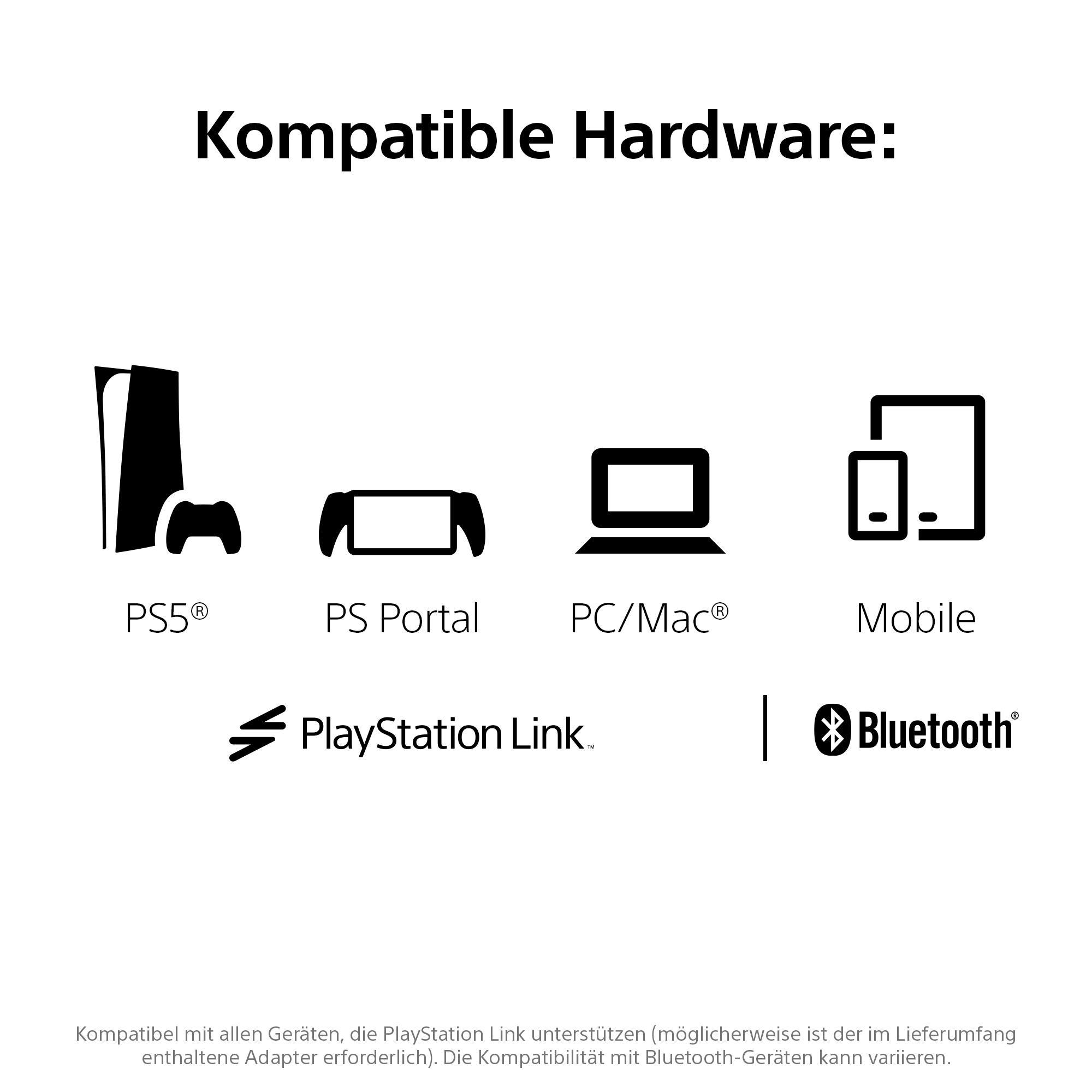 Das Bild zeigt kompatible Hardware: PS5, PS Portal, PC/Mac und Mobile. Enthält PlayStation Link und Bluetooth Logos.