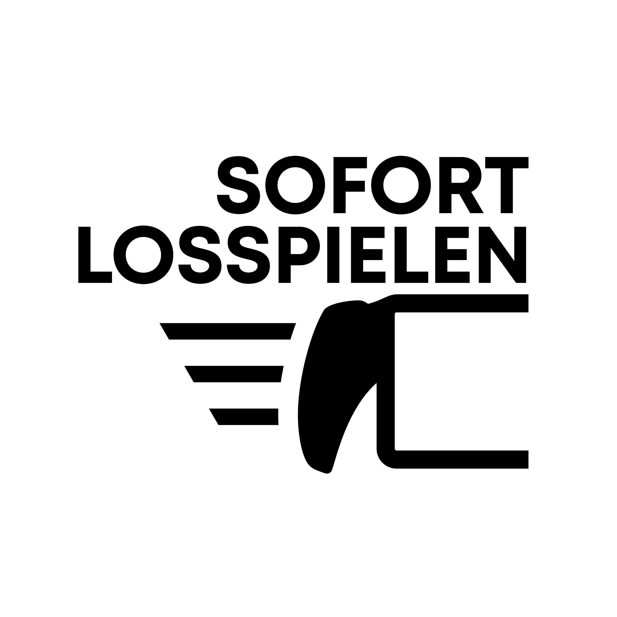 Schwarzes Logo auf weißem Hintergrund. Text 'SOFORT LOSSPIELEN' über einem stilisierten Flügel und einem Rechteck.