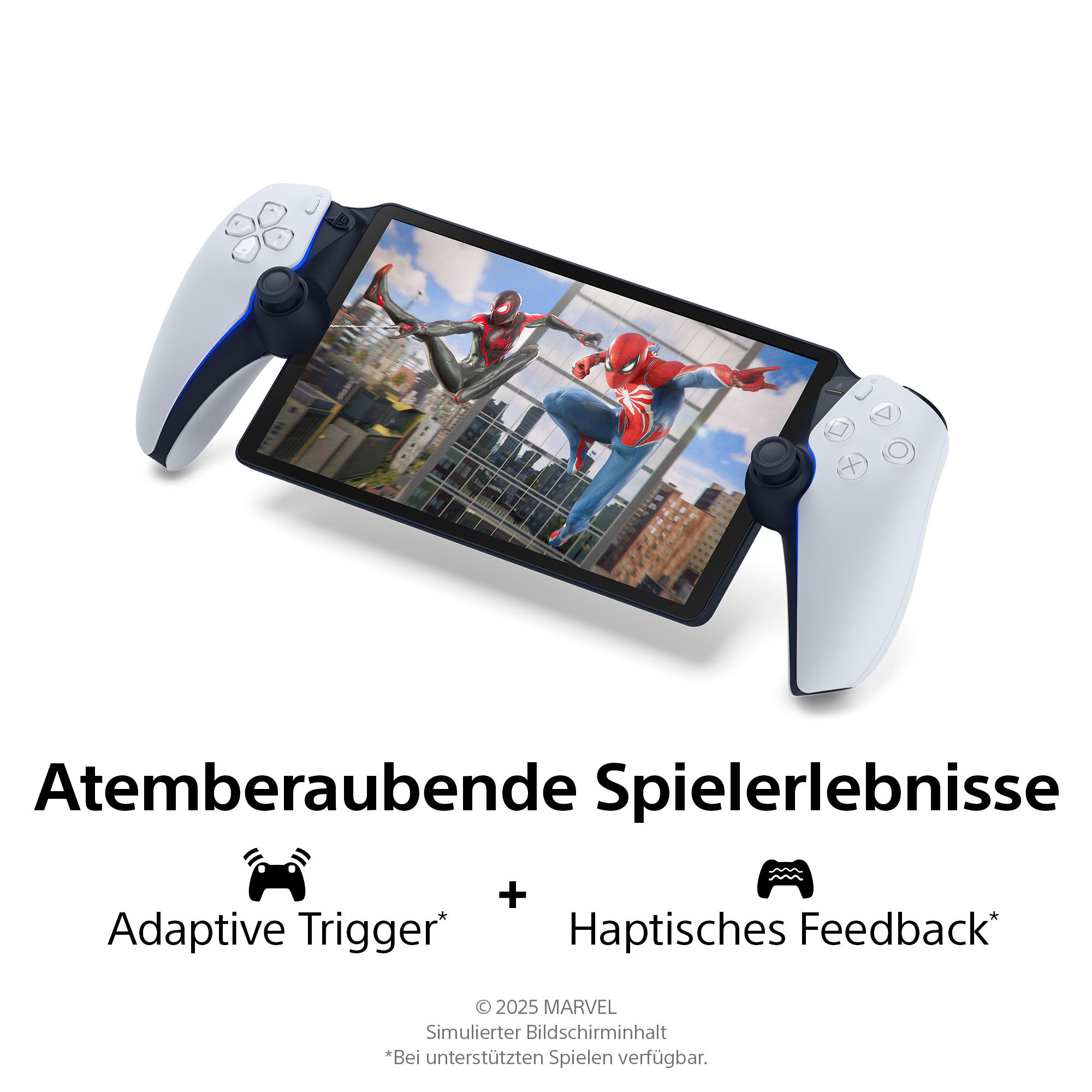 Ein PS5-Controller mit einem Bildschirm, der Spider-Man-Charaktere zeigt. Text: Adaptive Trigger + Haptisches Feedback.