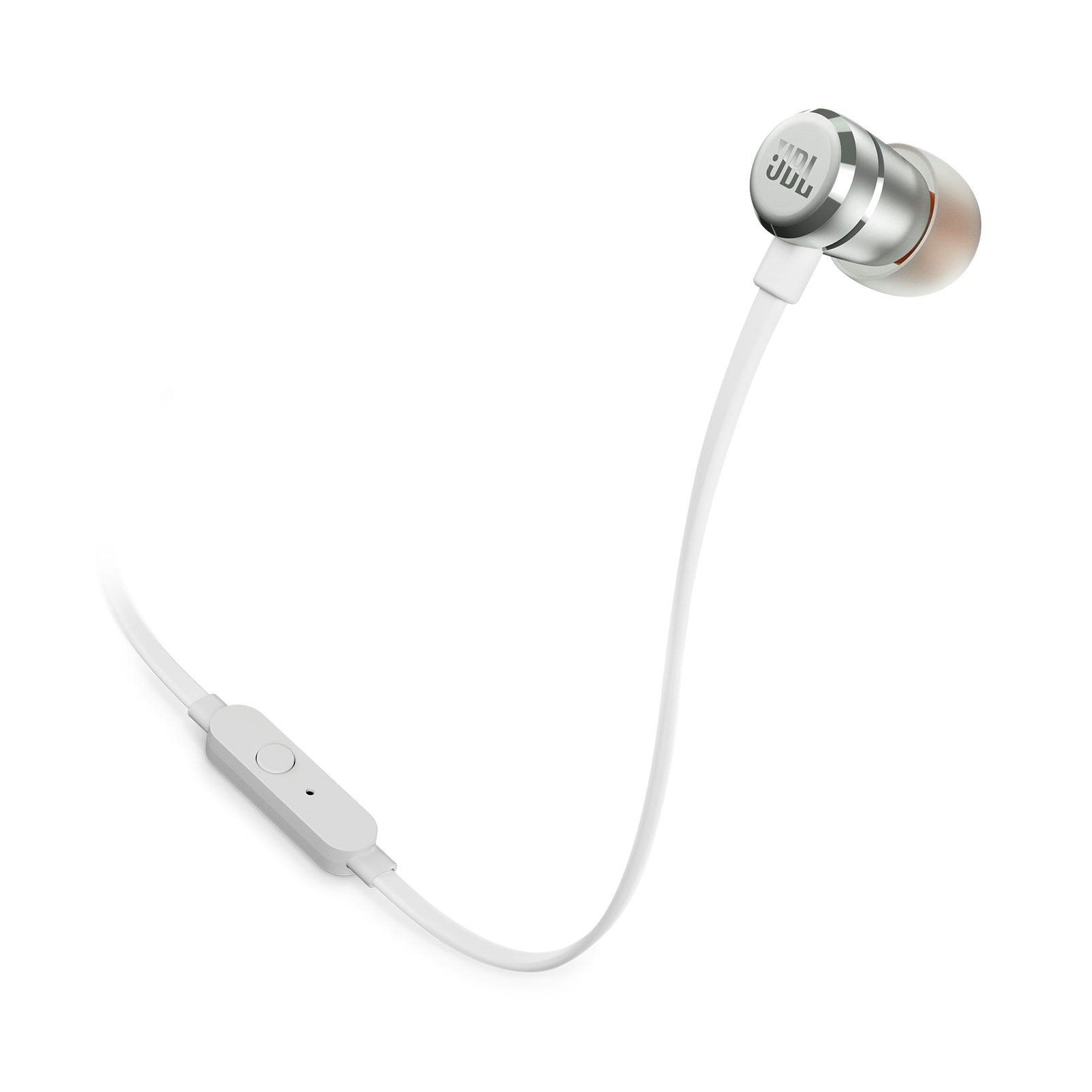Weiße JBL-In-Ear-Kopfhörer auf weißem Hintergrund. Die Kopfhörer haben eine Steuerung und silberne Akzente.