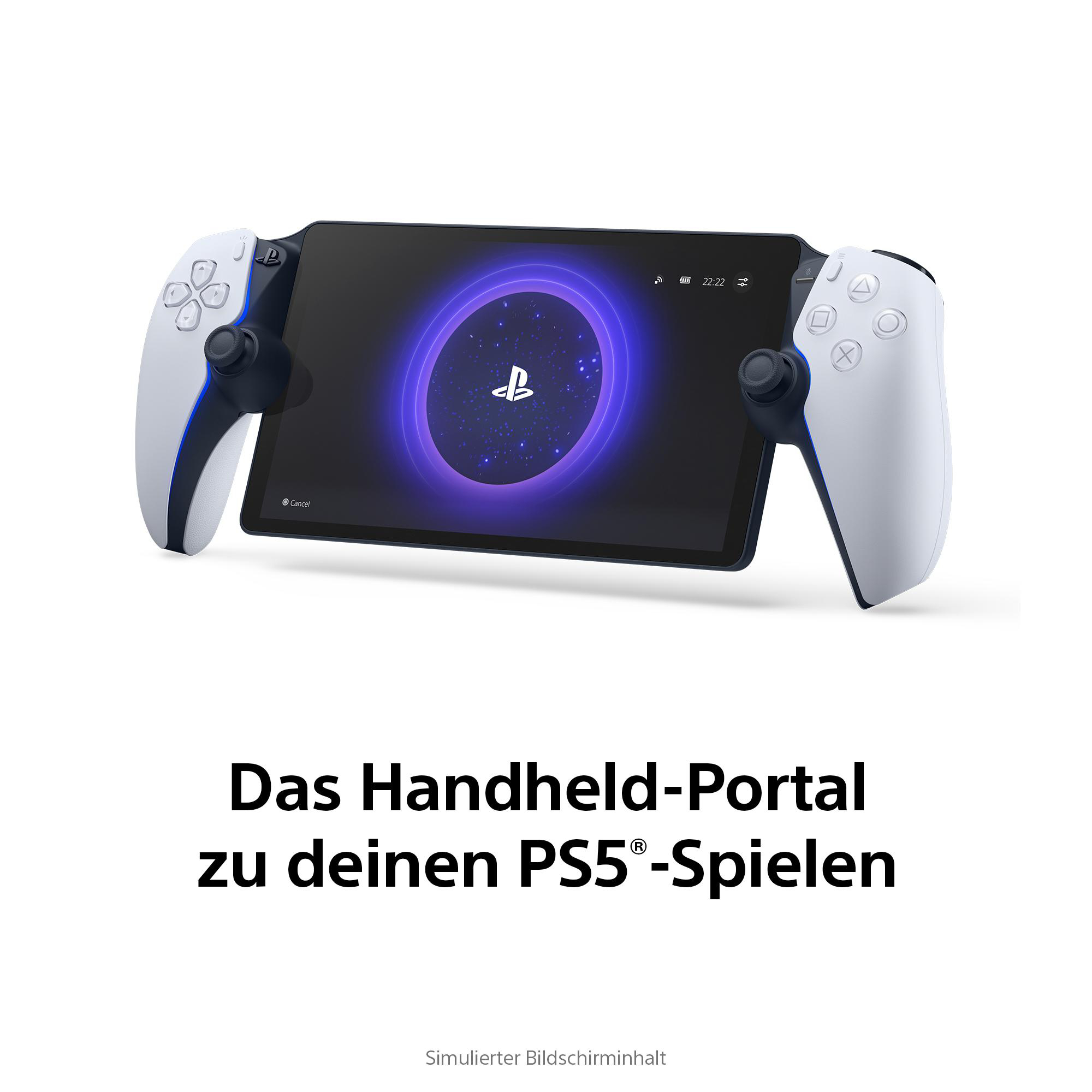 Ein weißes Handheld-Spielgerät mit einem Bildschirm, der ein blaues PlayStation-Logo zeigt, flankiert von weißen Controllern.