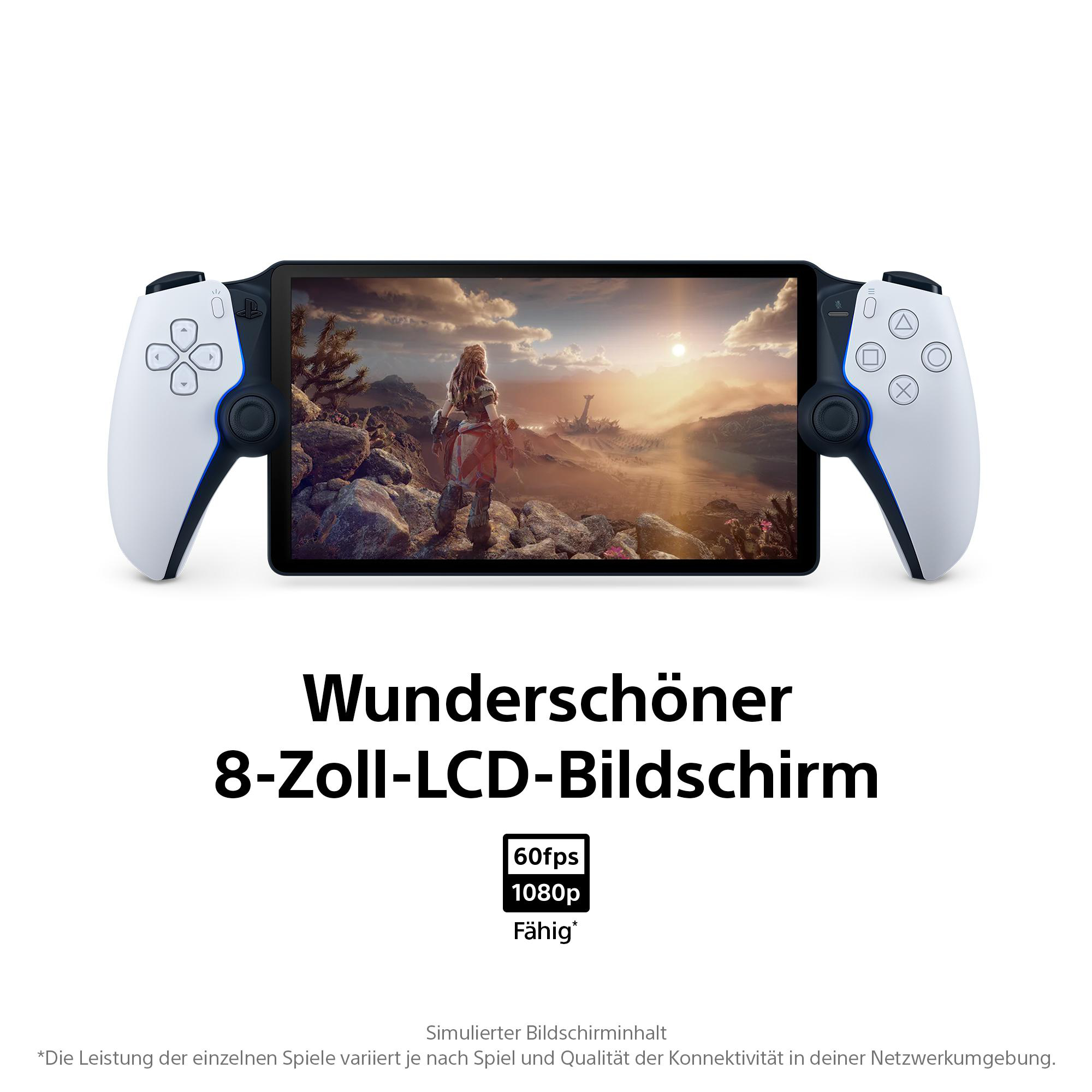 Ein weiß-schwarzes Spielgerät mit einem Bildschirm, der eine Landschaftsszene zeigt, und Text auf Deutsch.