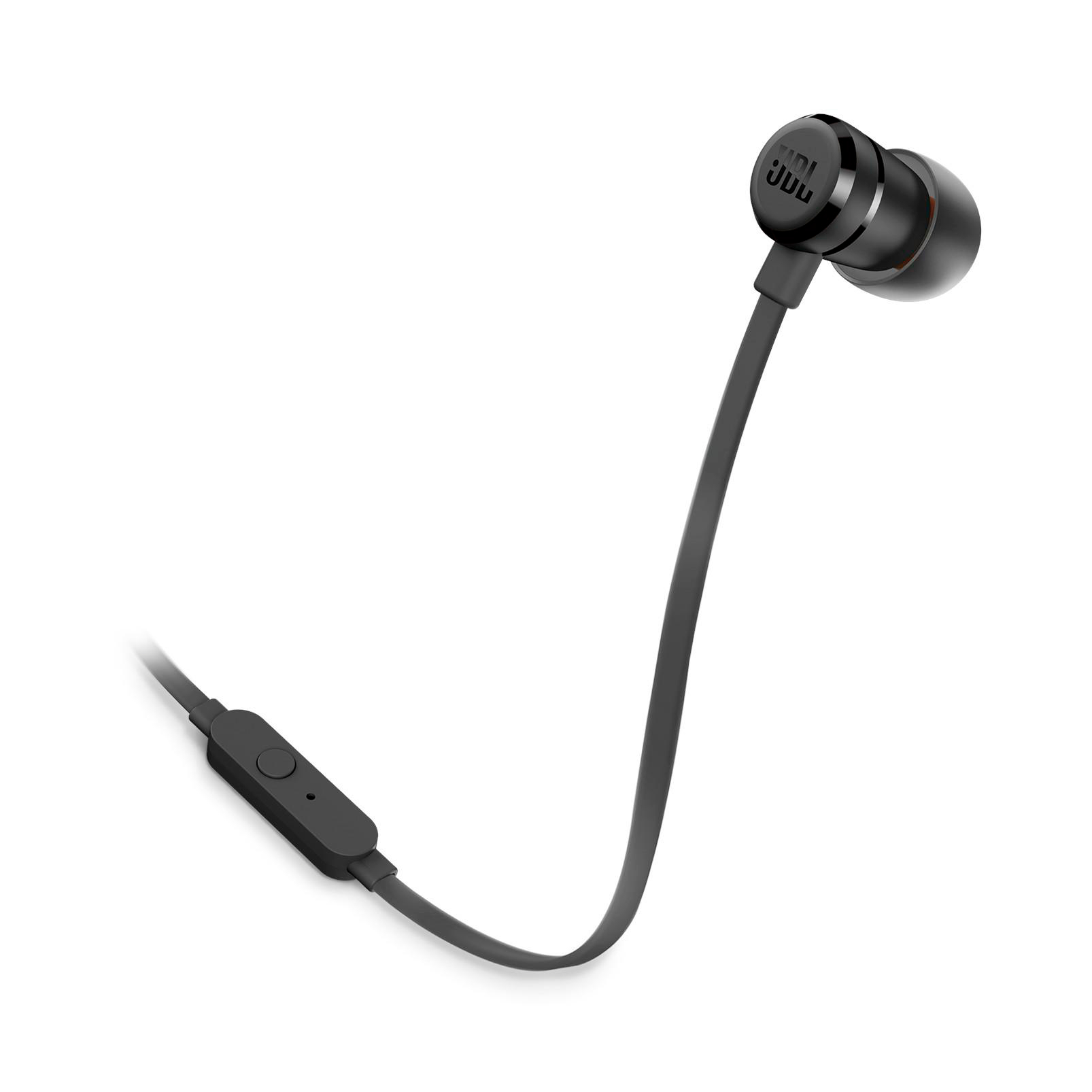 Schwarze JBL-Ohrhörer mit Steuermodul auf weißem Hintergrund. Die Ohrhörer sind durch ein graues Kabel verbunden.
