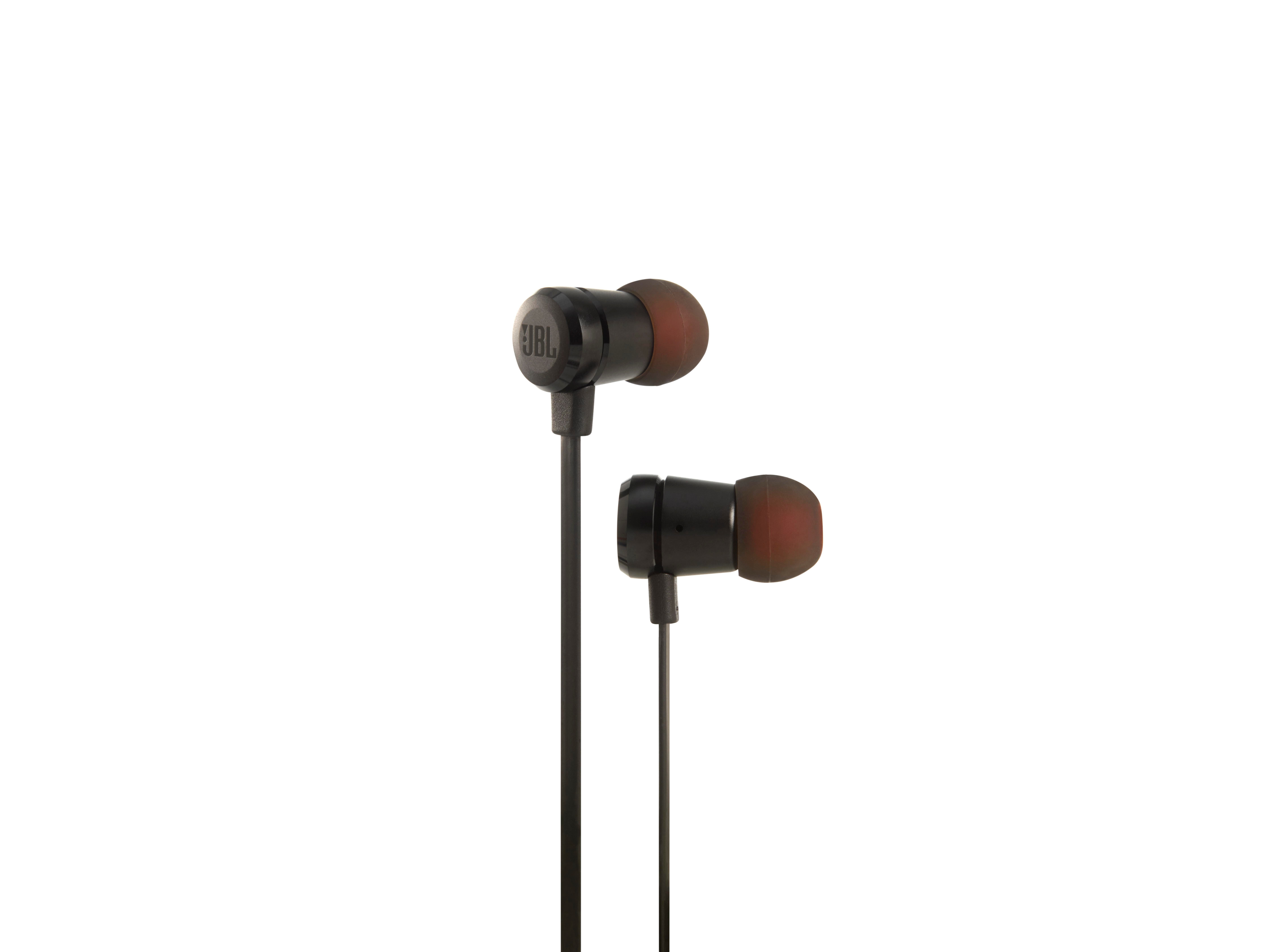 Schwarze JBL-Kopfhörer mit roten Ohrstöpseln auf weißem Hintergrund. Die Kopfhörer sind mit einem schwarzen Kabel verbunden.