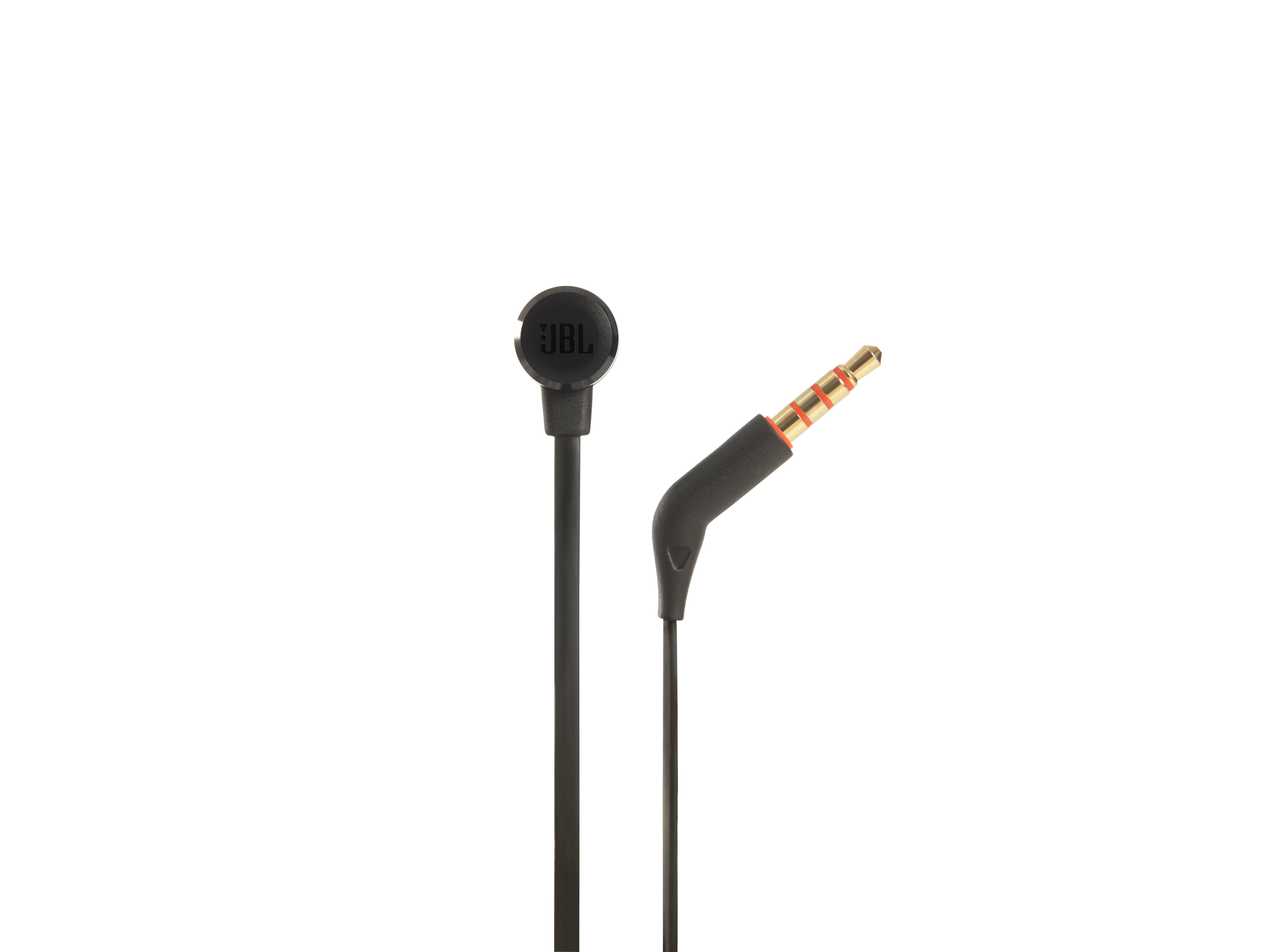 Schwarze JBL-Ohrhörer mit goldfarbenem Klinkenstecker auf weißem Hintergrund. Kabel und Stecker sichtbar.