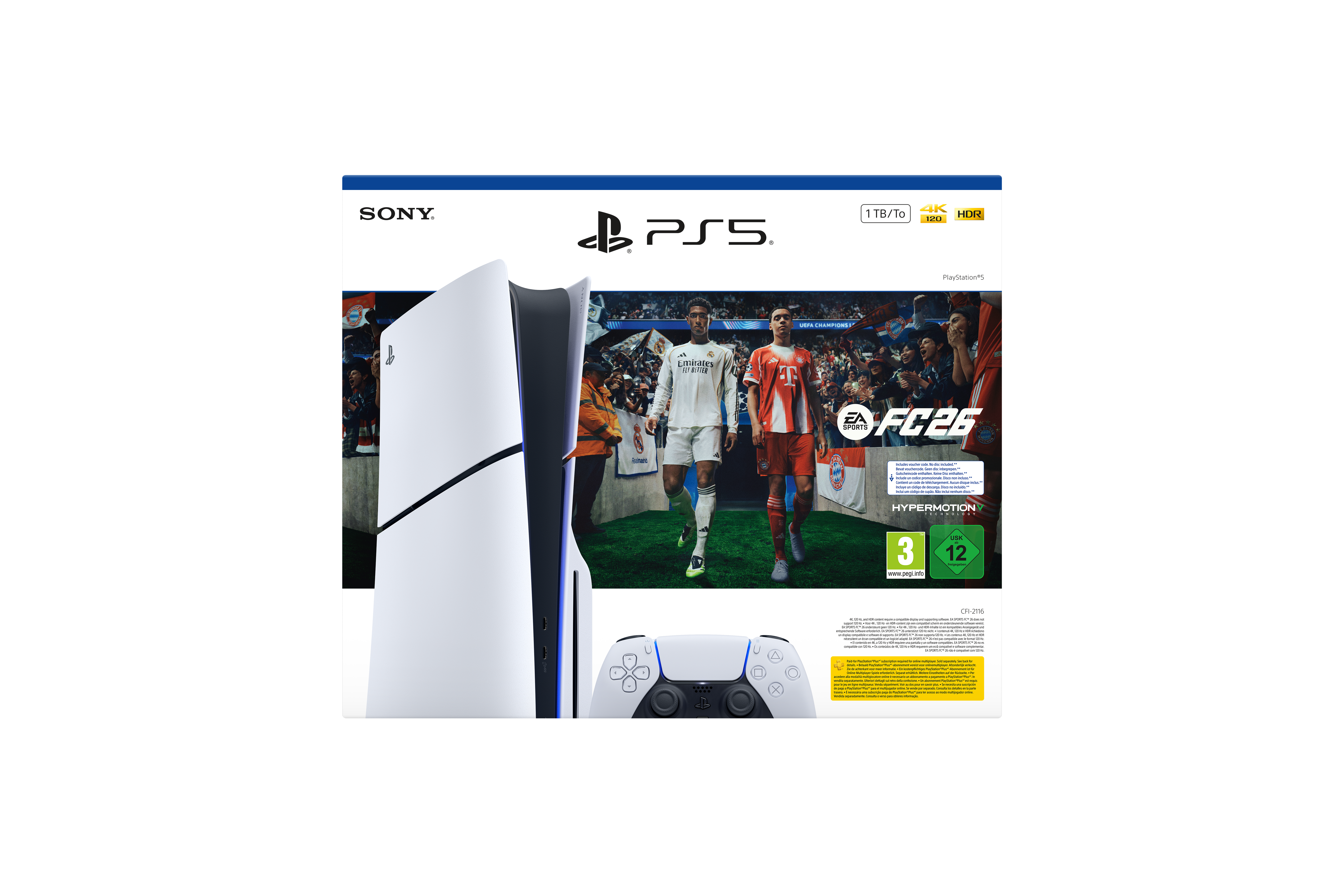 Consola PS5 con caja de juego. Jugadores de fútbol. Un controlador en la parte inferior.