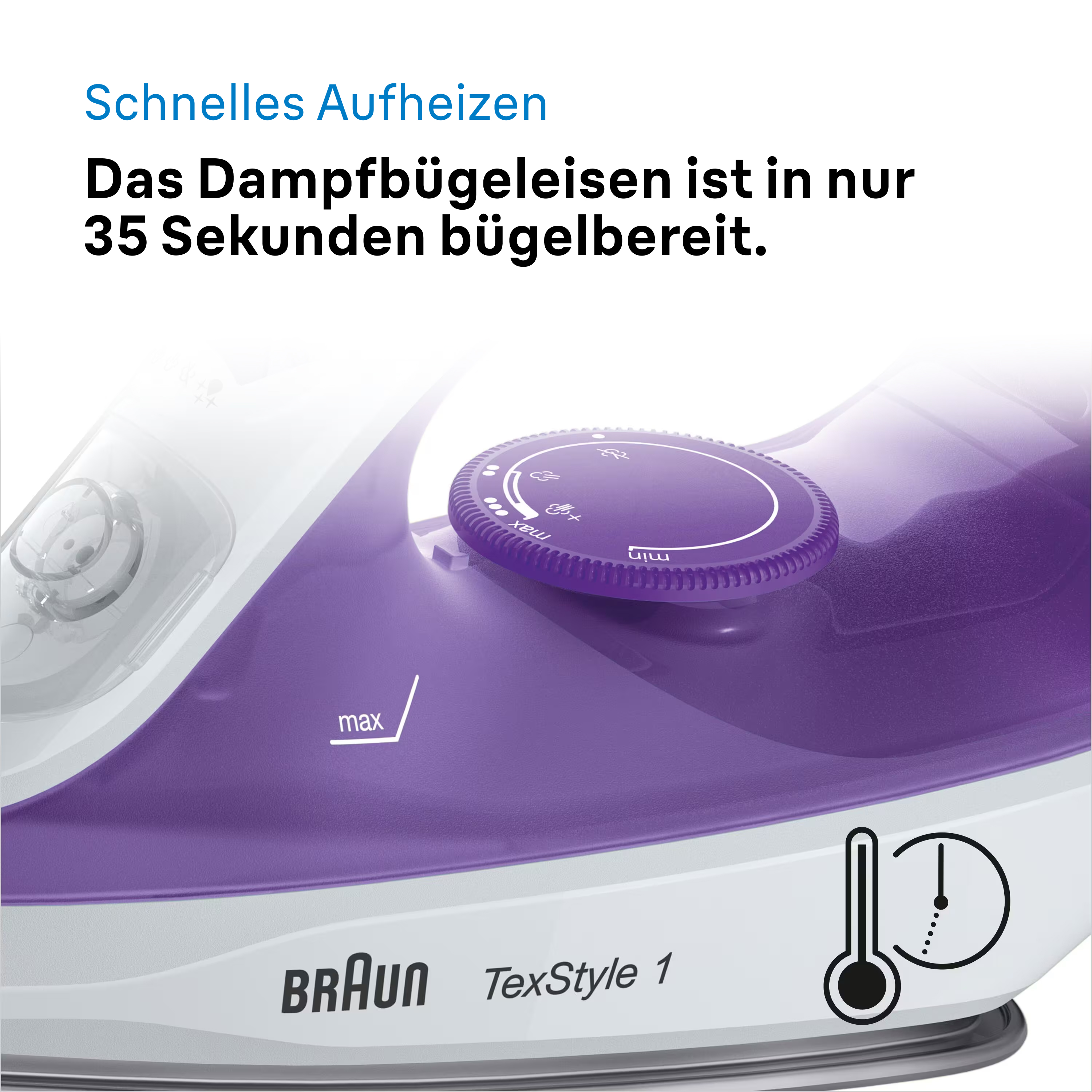 Nahaufnahme eines lila-weißen Bügeleisens. Es hat ein Zifferblatt, eine Temperaturanzeige und das Braun TexStyle 1 Logo.