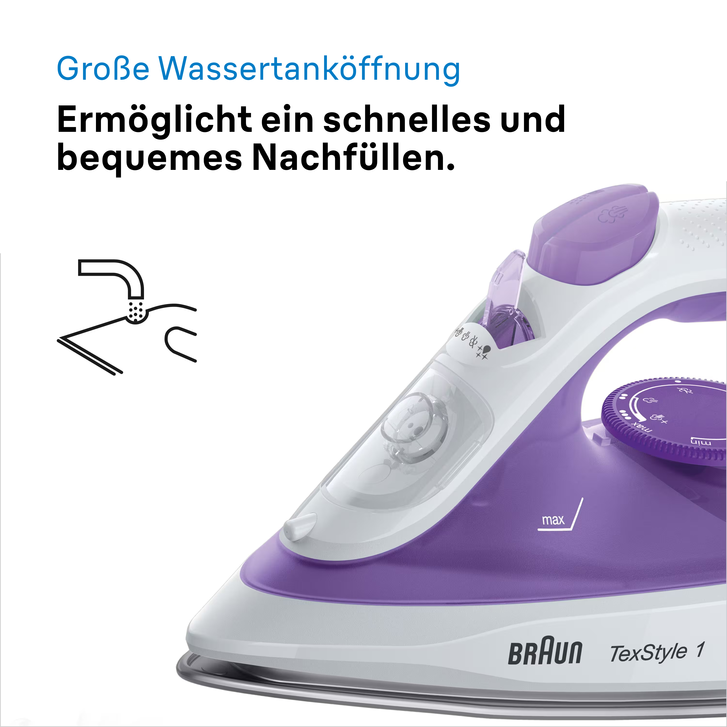 Ein lila-weißes Bügeleisen mit Text, der darauf hinweist, dass es eine große Wassertanköffnung zum einfachen Befüllen hat.