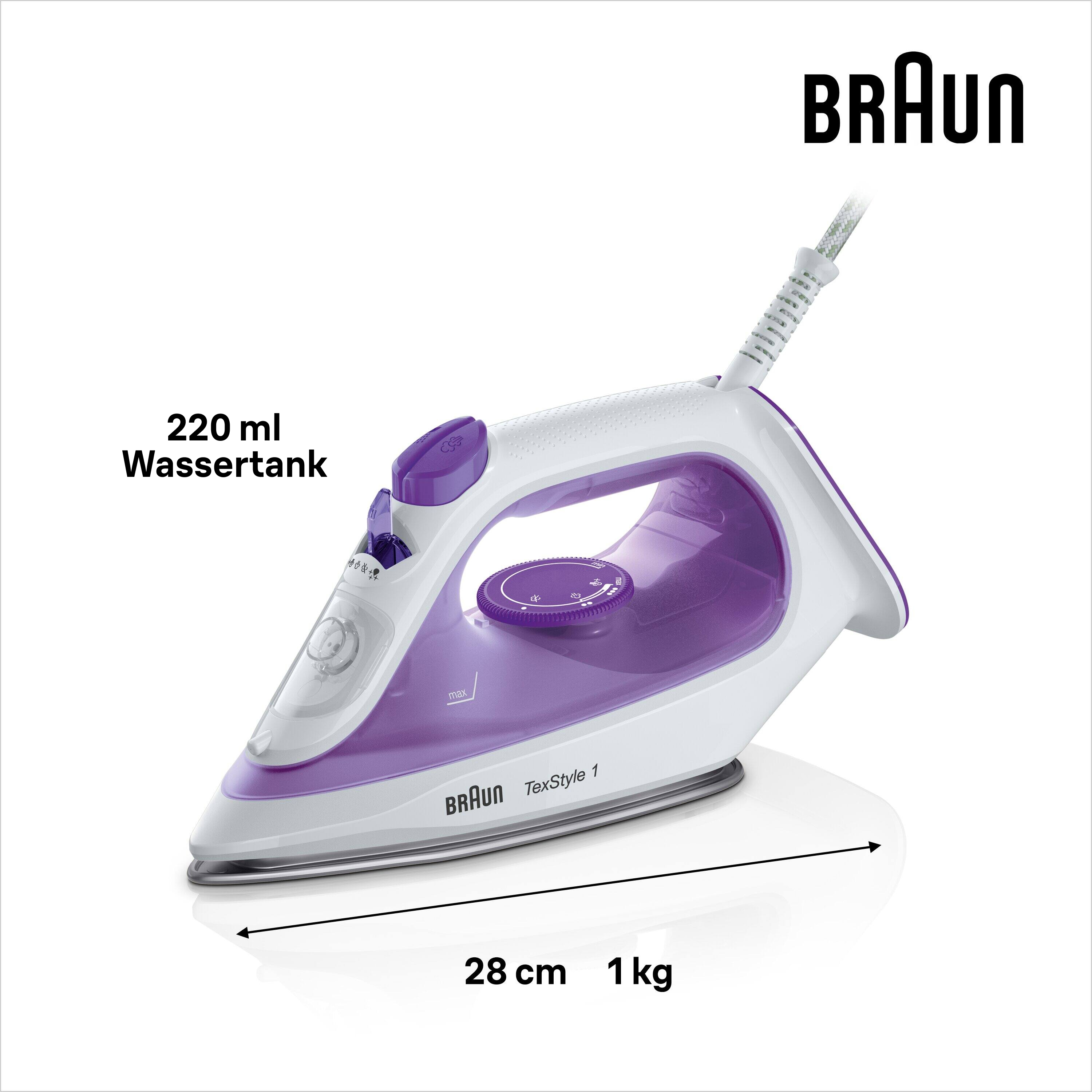 Ein weißes und lila Braun TexStyle 1 Bügeleisen. Es hat einen Wassertank mit 220 ml Fassungsvermögen und wiegt 1 kg.