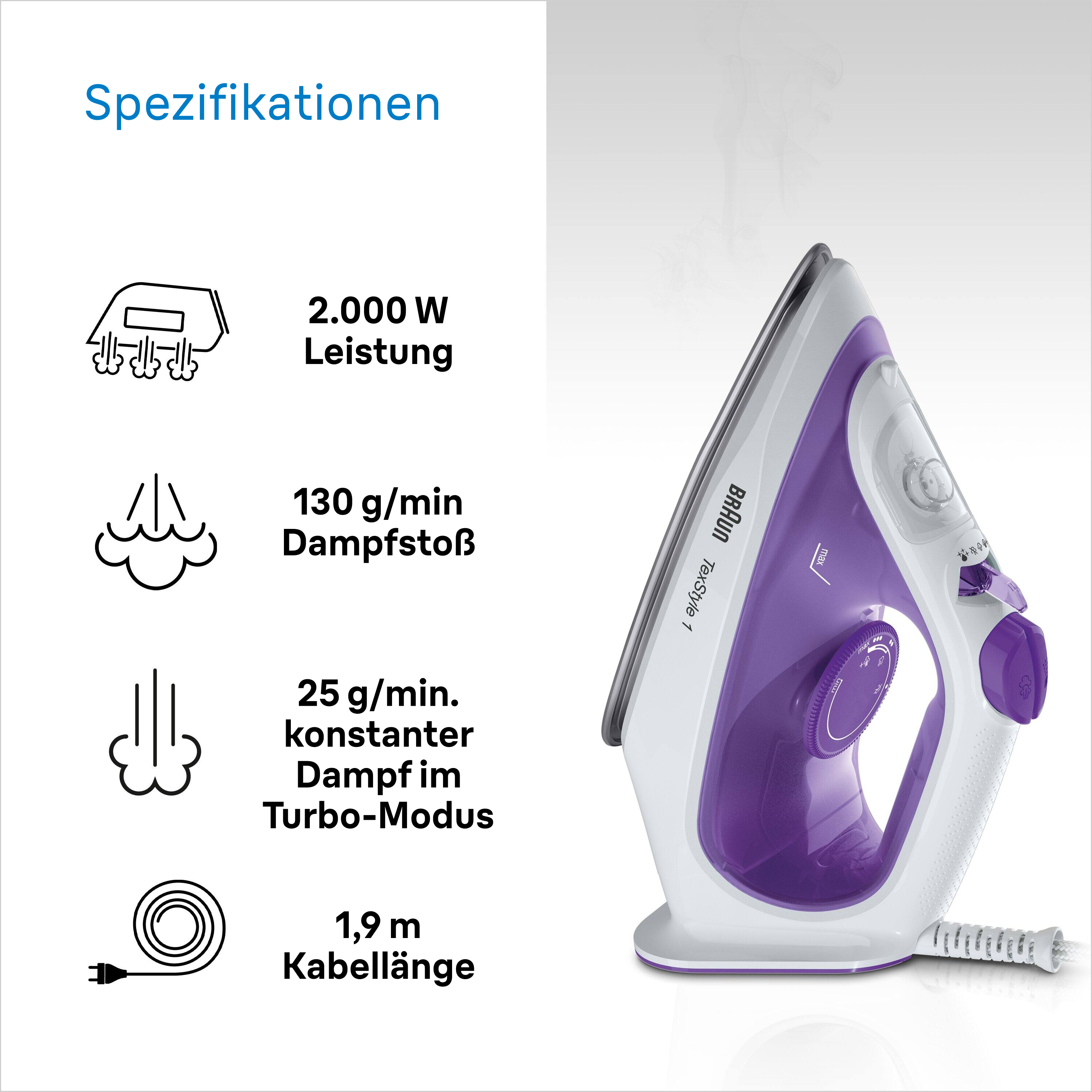 Ein weißes und lila Braun-Bügeleisen. Spezifikationen umfassen Leistung, Dampfleistung und Kabellänge. Dampf steigt auf.