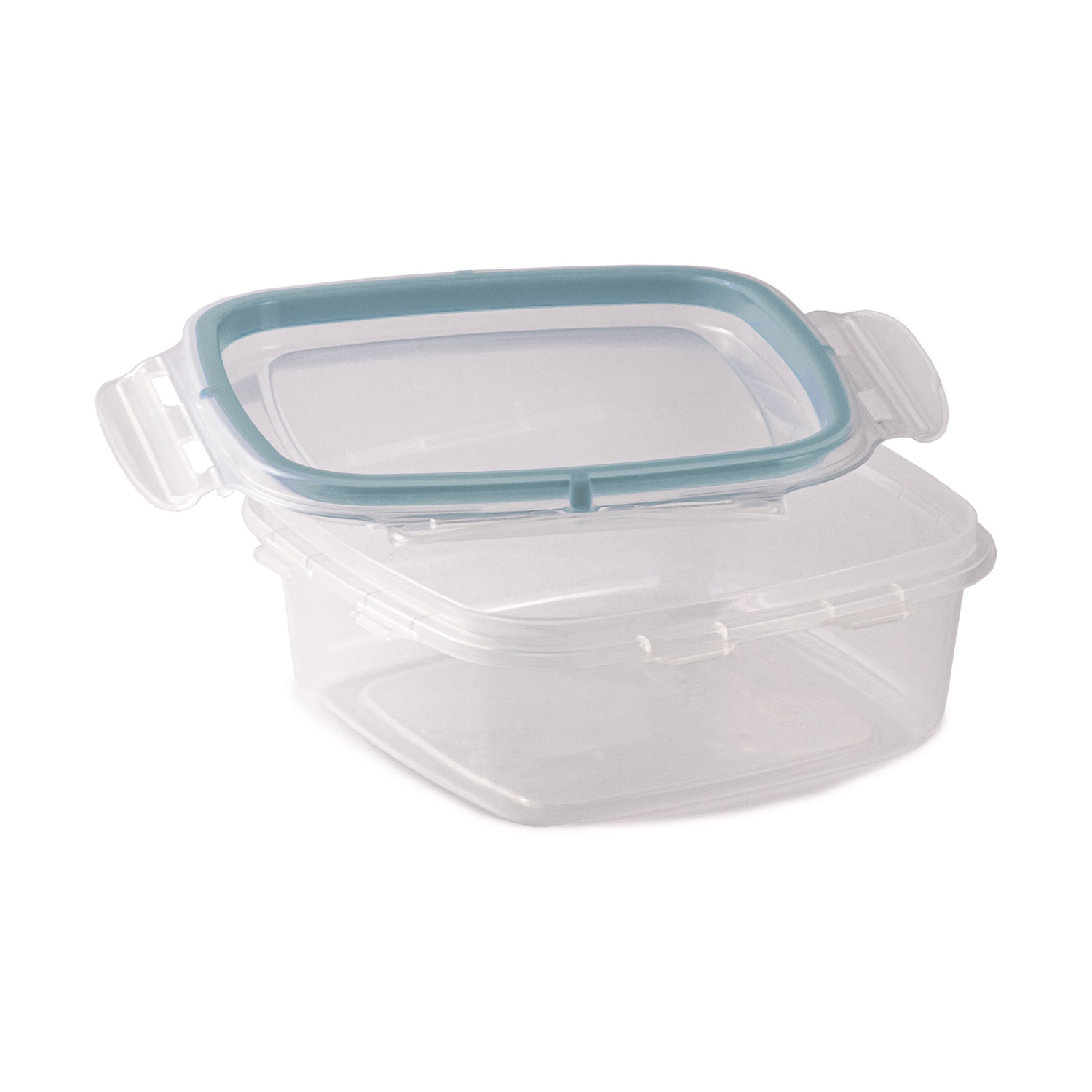 Un contenitore per alimenti in plastica trasparente con coperchio verde acqua e base trasparente, il coperchio è aperto.